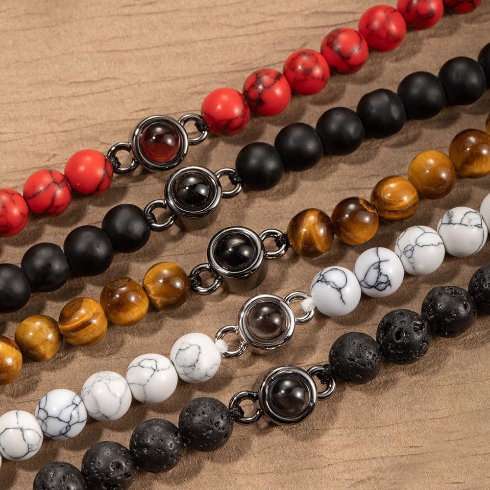 ipetlive Custom Beads Bracelet WIth Picture Inside Tiger eye/Onyx/Lava stone Picture Bracelet Personalized Photo Projection Family Pet Dog Cat Memorial Jewelry Birthday Father Day Gifts For Men Women
