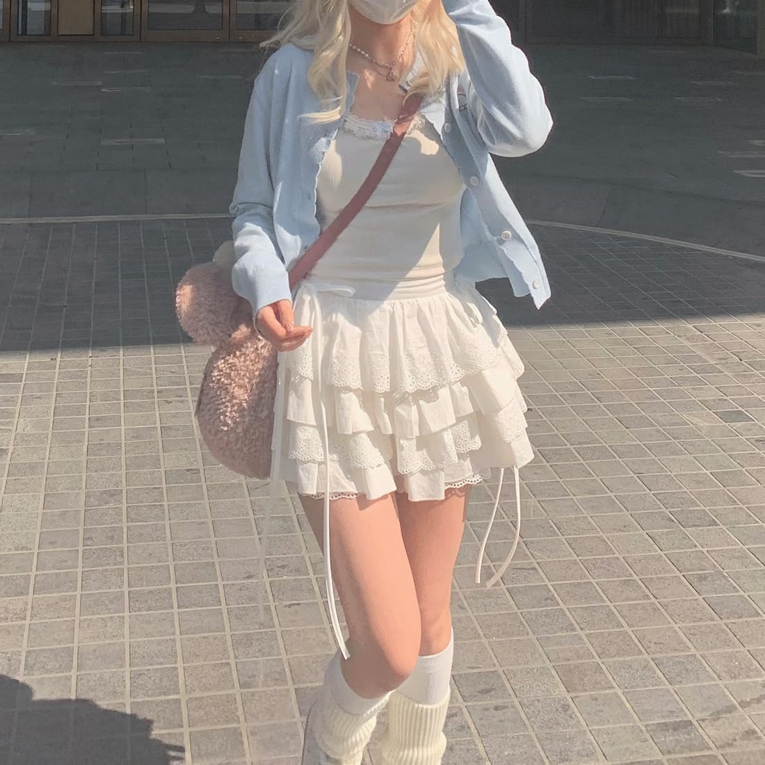 Harajuku Style Kawaii Goth Lolita Fashion Casual Elastic Waist Cute Lace Trim White Short Tiered Skirt - Image 5