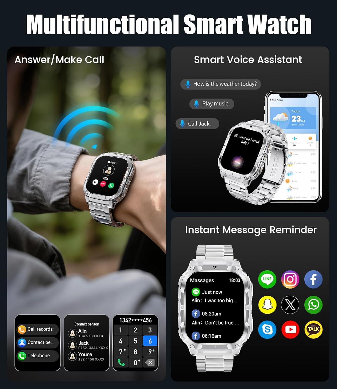 2.0" Military Smart Watch for Men with Flashlight, Make/Answer Calls, 1000mAh, IP68 Waterproof, 100+ Sport Modes Fitness Tracker for Workout Outdoor iOS Android Compatible, Silver