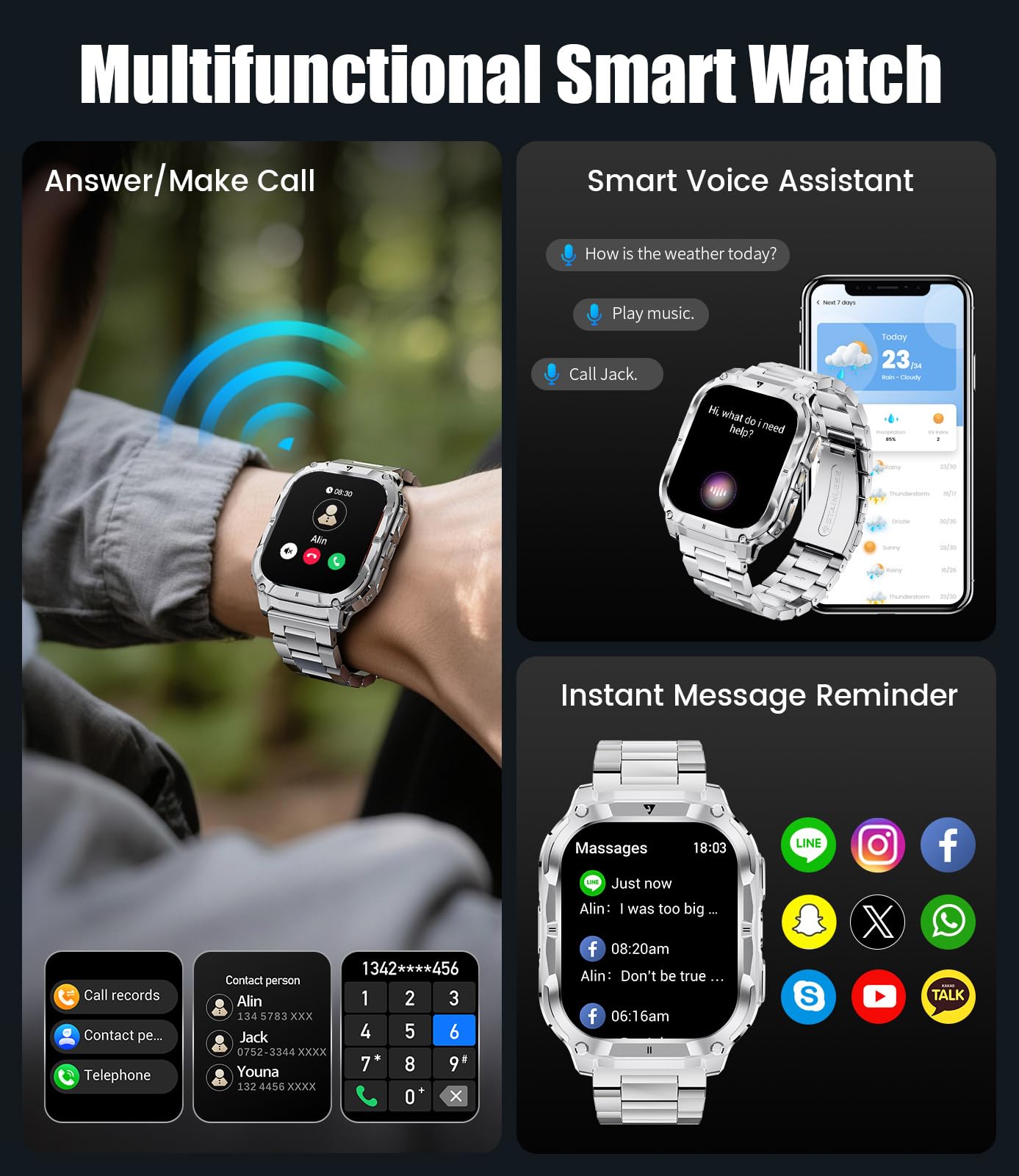 Smartwatch Uomo Militare con Chiamate Bluetooth, Notifica, 2,0"HD Display/Torcia/1000 mAh, 2 Cavi di Ricarica, 100+ Modalità Sportive Fitness Tracker Compatibile Android e iOS, IP68, Argento