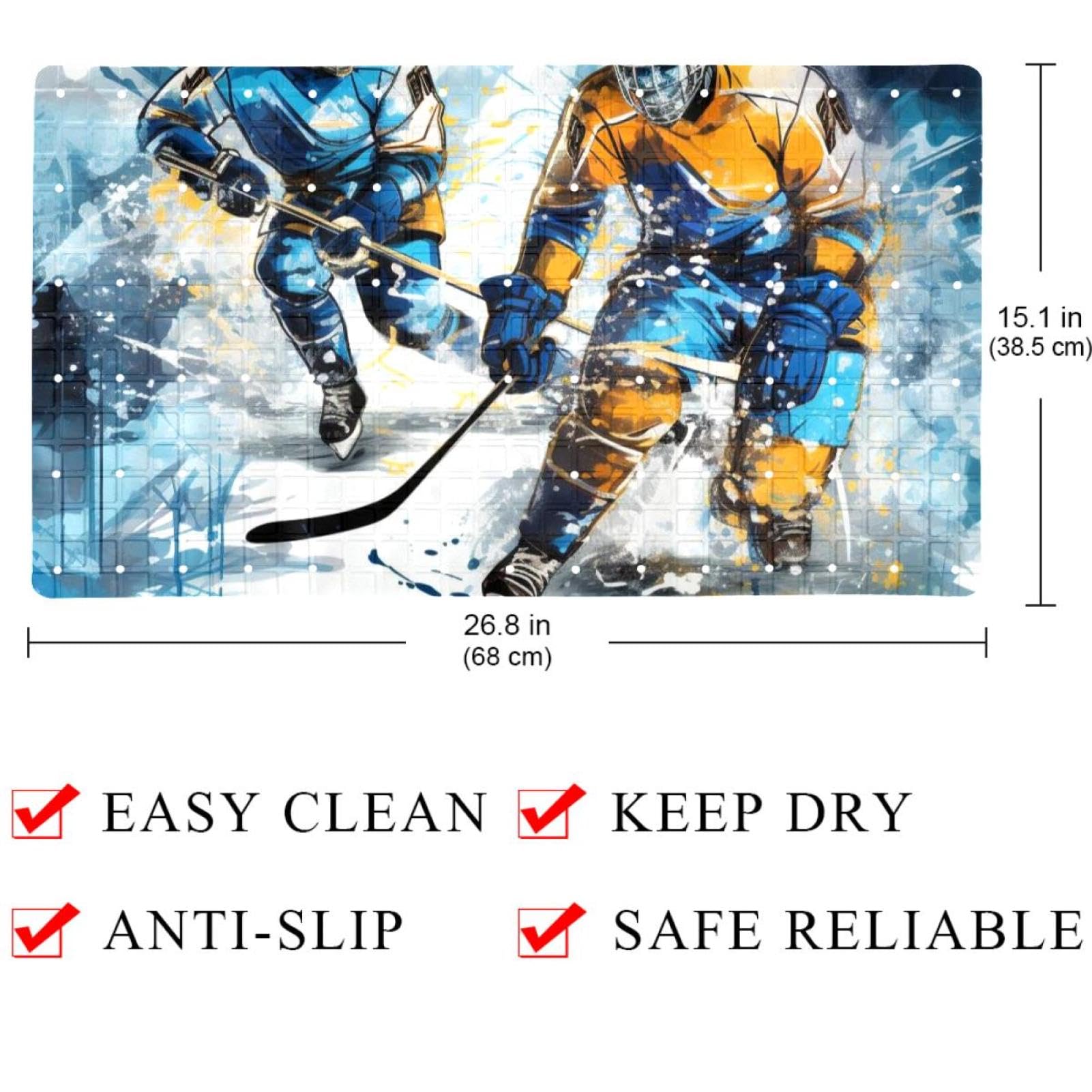 Tapis de bain et de douche avec motif peinture de hockey sur glace, lavable, ventouses et trous de drainage pour garder les baignoires propres, transparent