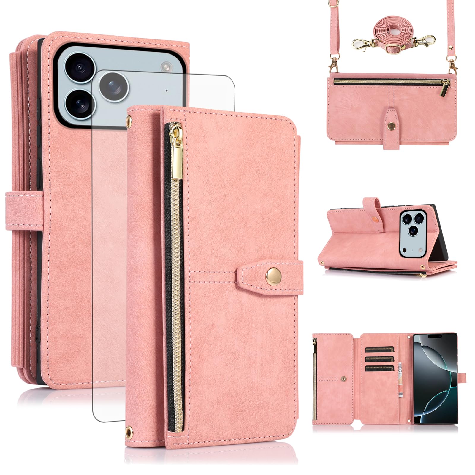 Asuwish Handyhülle für iPhone 17 Pro Hülle mit Band Folie Schutzfolie Kartenfach Klappbar Leder Geldbörse Ständer i Phone17 17Pro Prohülle Handy Hüllen Schutzhülle Phone Case Rosa