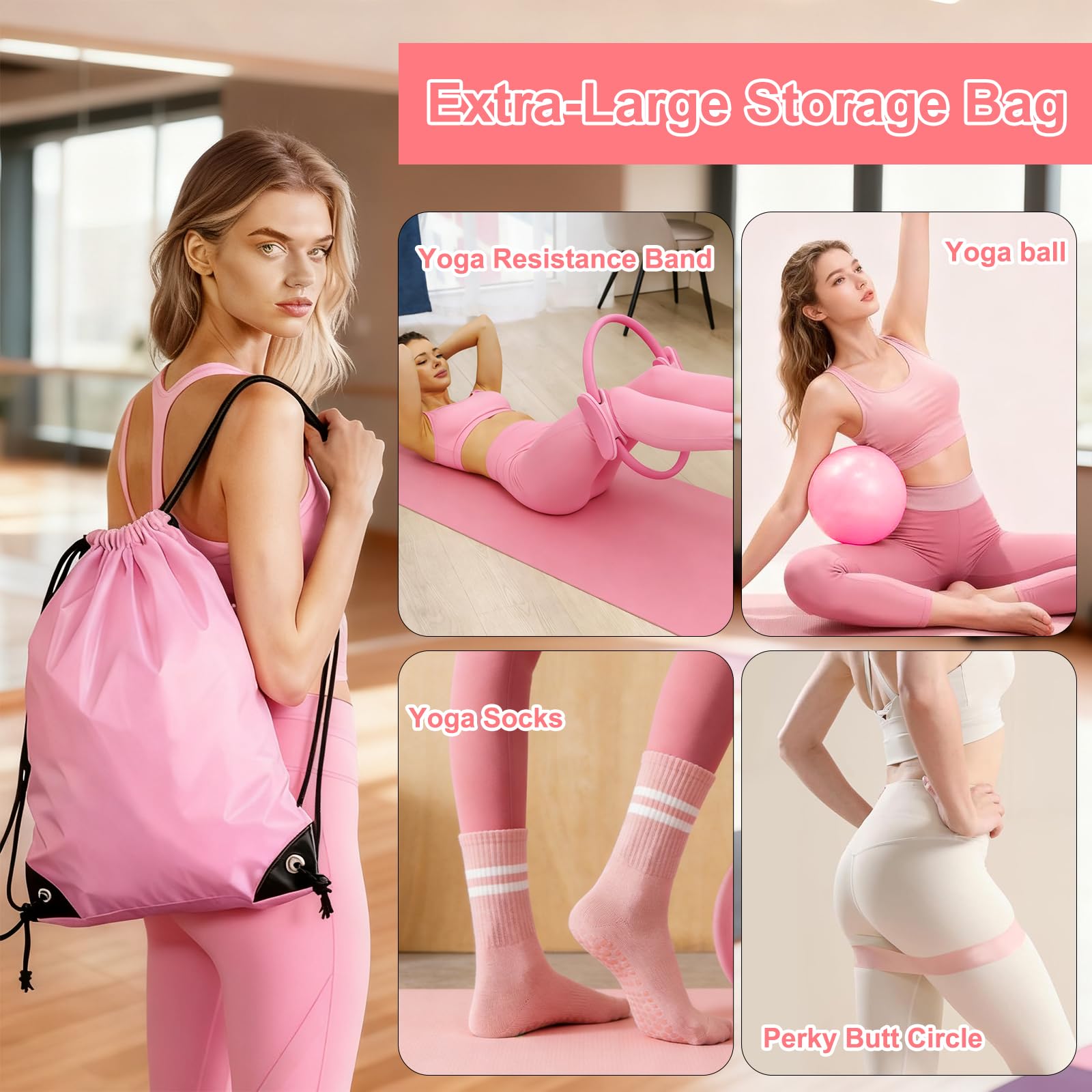 Juego de Equipo de Pilates para Mujer, Juego de Anillo y Pelota de Pilates, Equipo de Entrenamiento de Pilates en casa con Anillo Circular mágico de 15 Pulgadas y Bandas de Resistencia, un