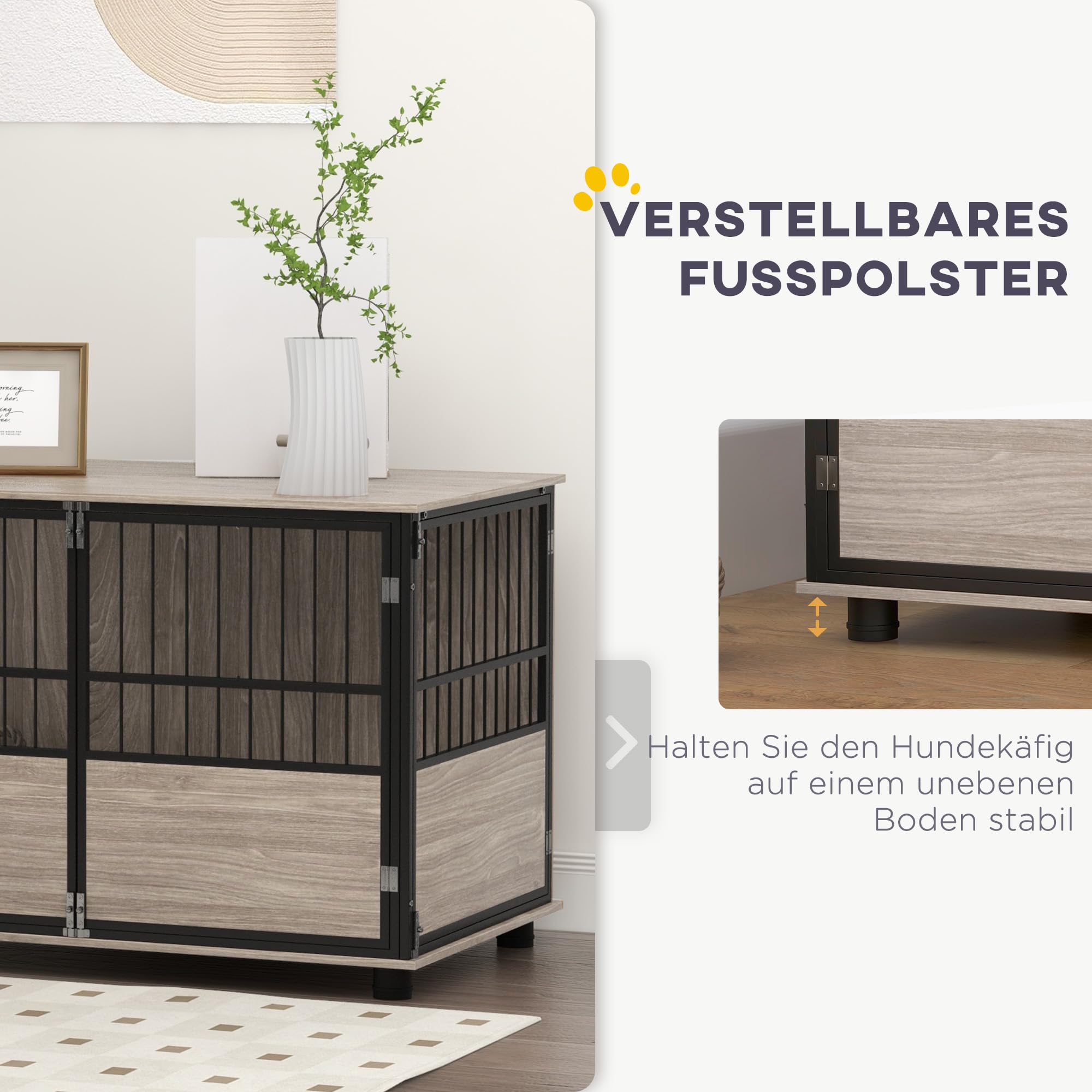 PawHut Hundekäfig für Zuhause, Hundehütte, rutschfest Haustierkäfig, Hundebox mit Türen, Hundehaus für bis große Hunde, Walnuss, 100 x 60 x 68 cm