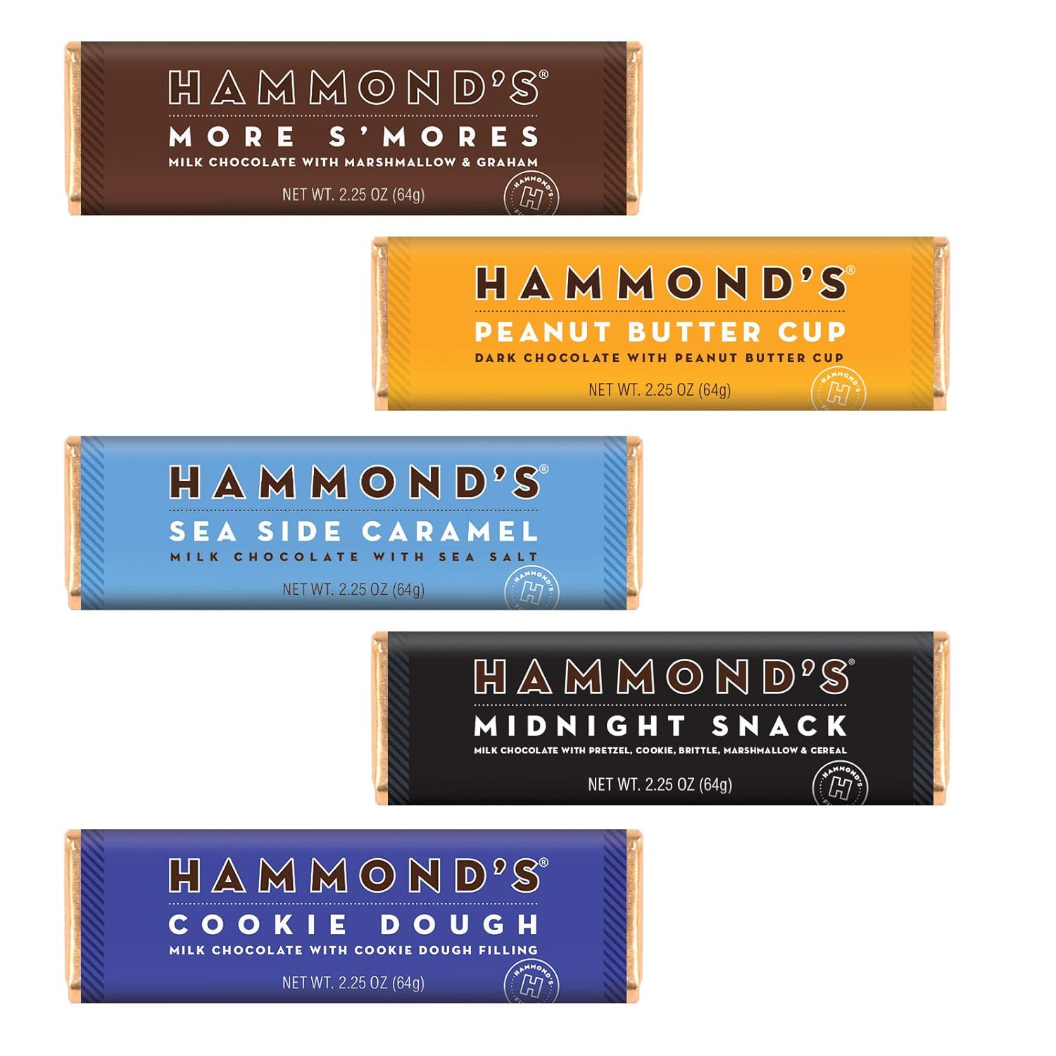Hammond's Candies Gourmet Chocolate Variety Pack, 2.25 oz Each, Peanut Butter Cup, More S'Mores, Sea Side Caramel, Midnight Snack & Cookie Dough
