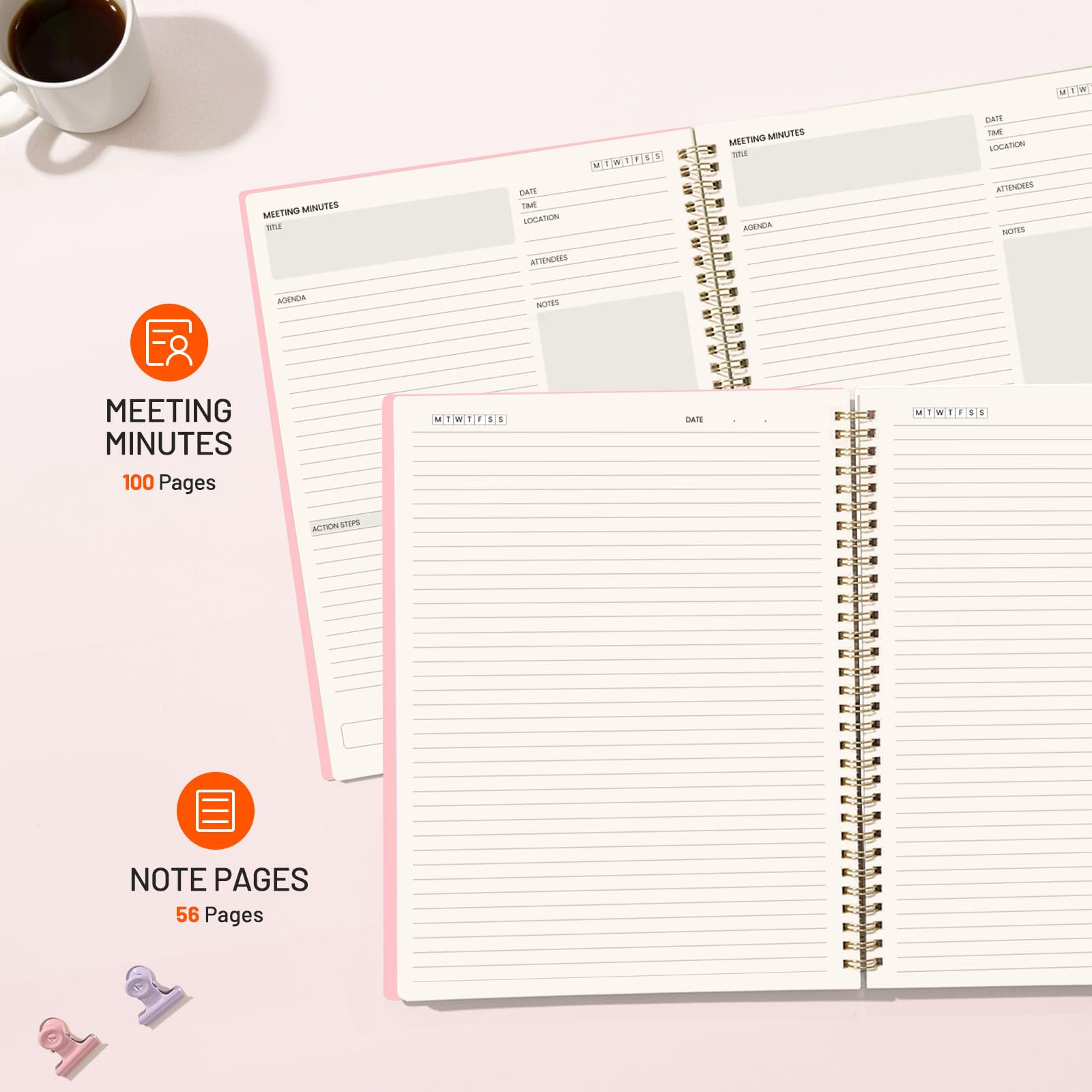 SUNEE Quaderno per riunioni per lavoro con oggetti di azione, 240 pagine, formato A4, agenda per riunioni, agenda e minuti per donne, uomini, appunti, ufficio, ufficio, affari, 21,5 x 28,9 cm, rosa