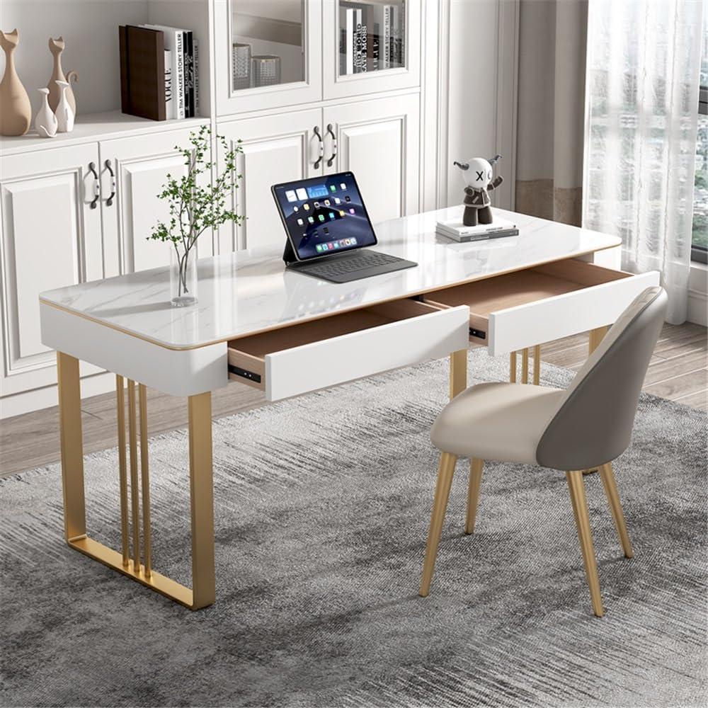 Escritorio de Oficina Escritorio Moderno for PC con 2 cajones, tocador Blanco Superficie de losa Roca y Marco Metal for el hogar, la Oficina Dormitorio Mesa para Juegos de portátil(Gold,XL)