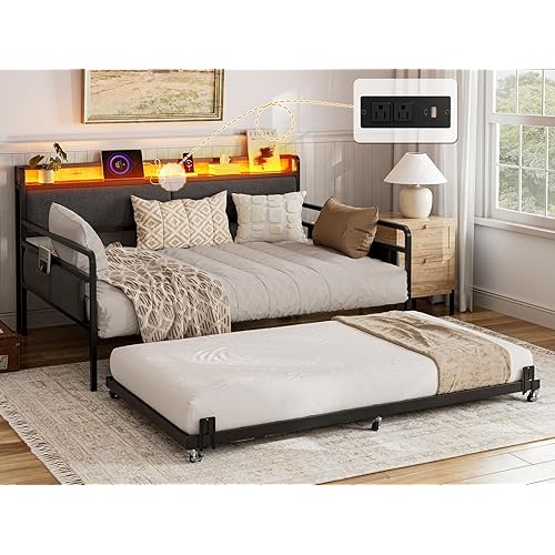 IKIFLY Full Size Daybed with Trundle and Storage Headboard, Upholstered Sofa Platform Bed Frame with LED Lights & Charging Station, Steel Slats Support, for Living Room, Bedroom and Guest Room, Black