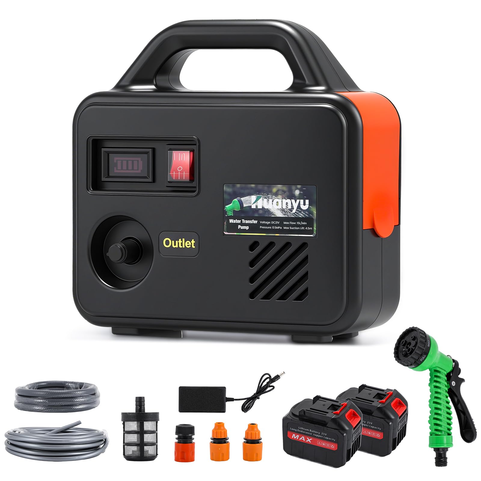 Huanyu Cordless Water Transfer Pump Pompa dell'acqua alimentata a batteria con batterie da 21V 2x22500mAh Pompa elettrica portatile con kit di tubi lunghi per l'acqua