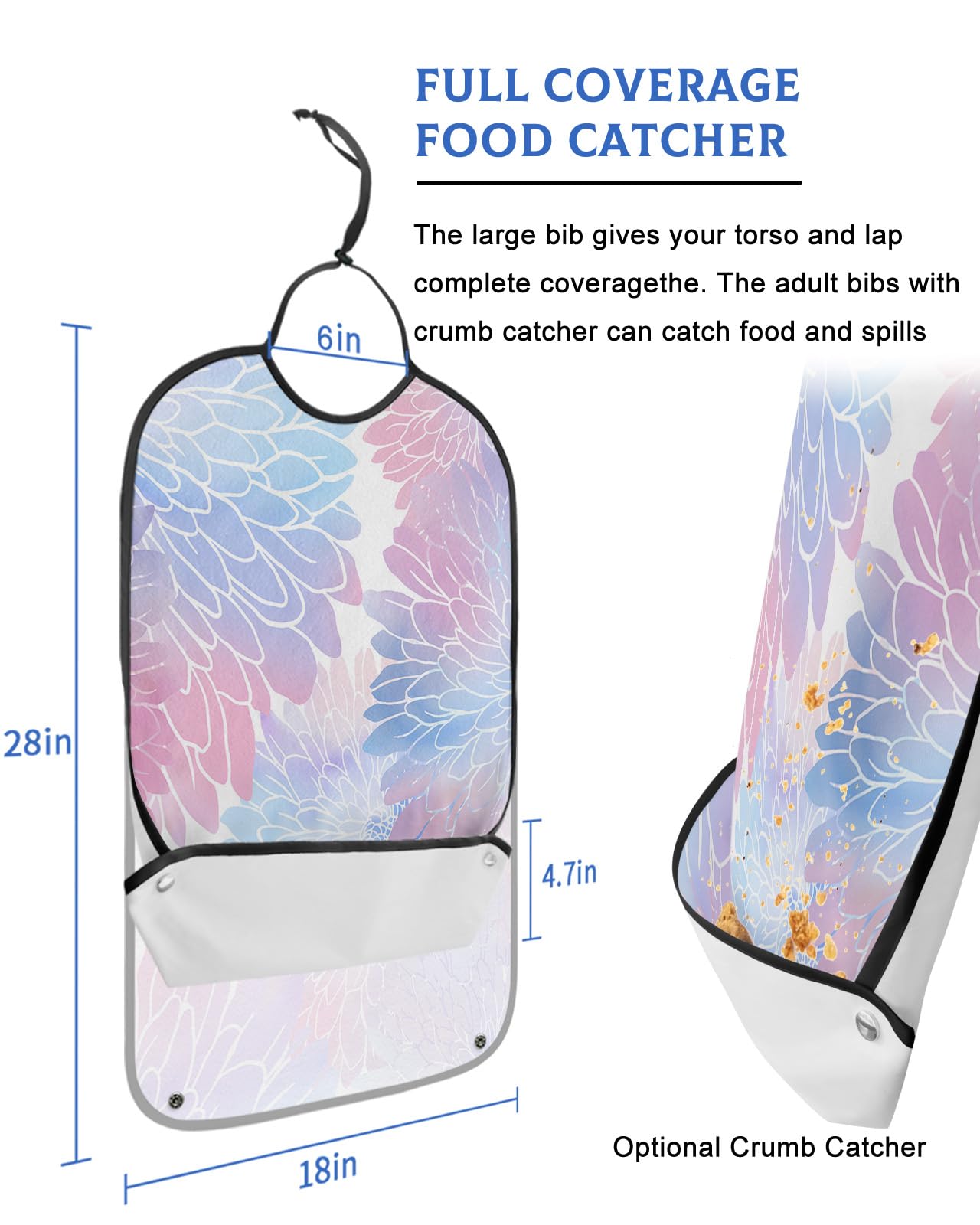 LEOKOTI Marble Dahlia Adult Bibs for Eating, Waterproof Bibs with Food Catcher & Adjustable Snap Closure, Abstract Pink Blue Gradient Washable Clothing Protectors Adult Bibs for Elderly Women/Men