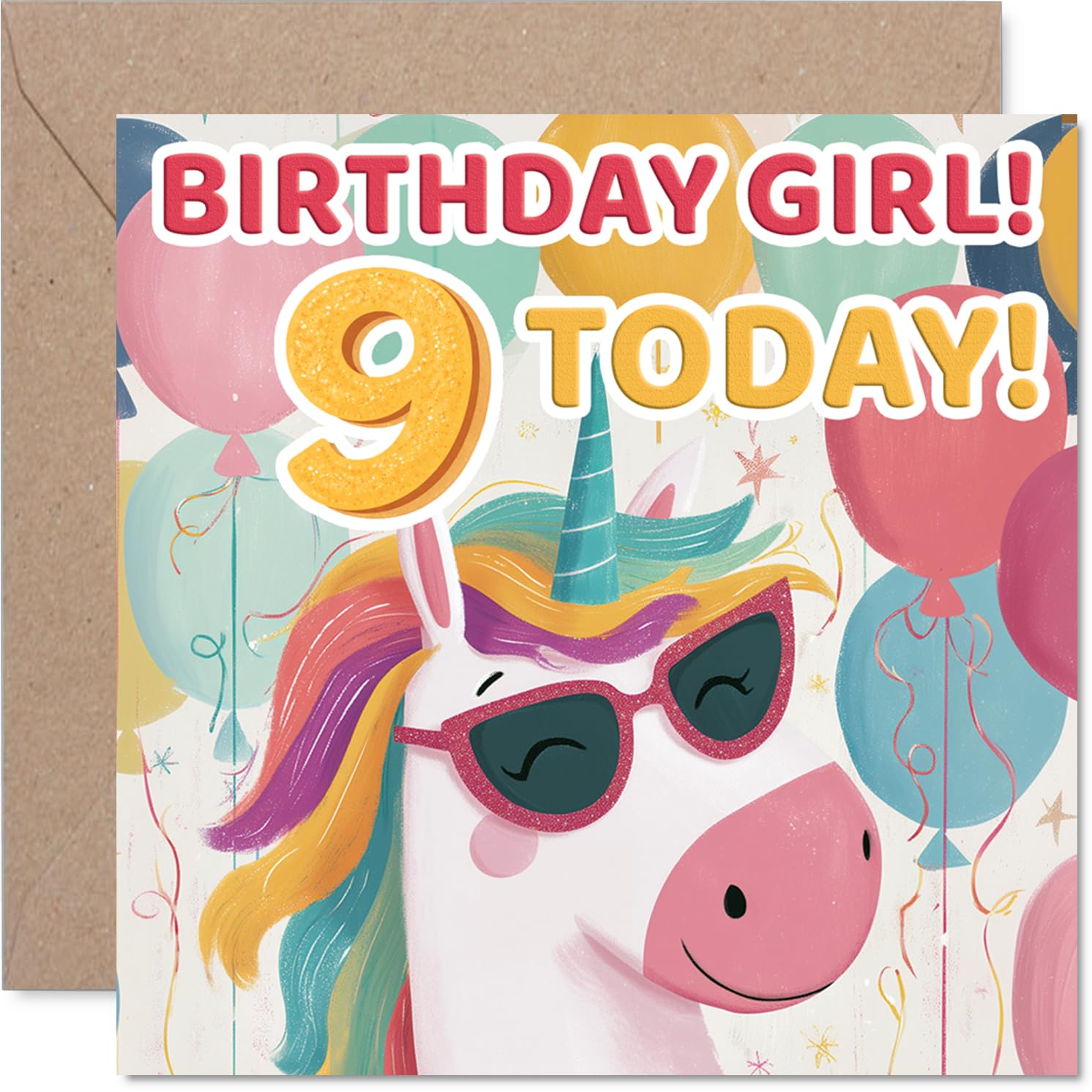 Playful 9th Birthday Card - Bursting with Birthday Magic - Sunglasses Unicorn & Vibrant Balloons - for a Girl Who Loves a Splash of Fun - 145mm Square, Envelope Included