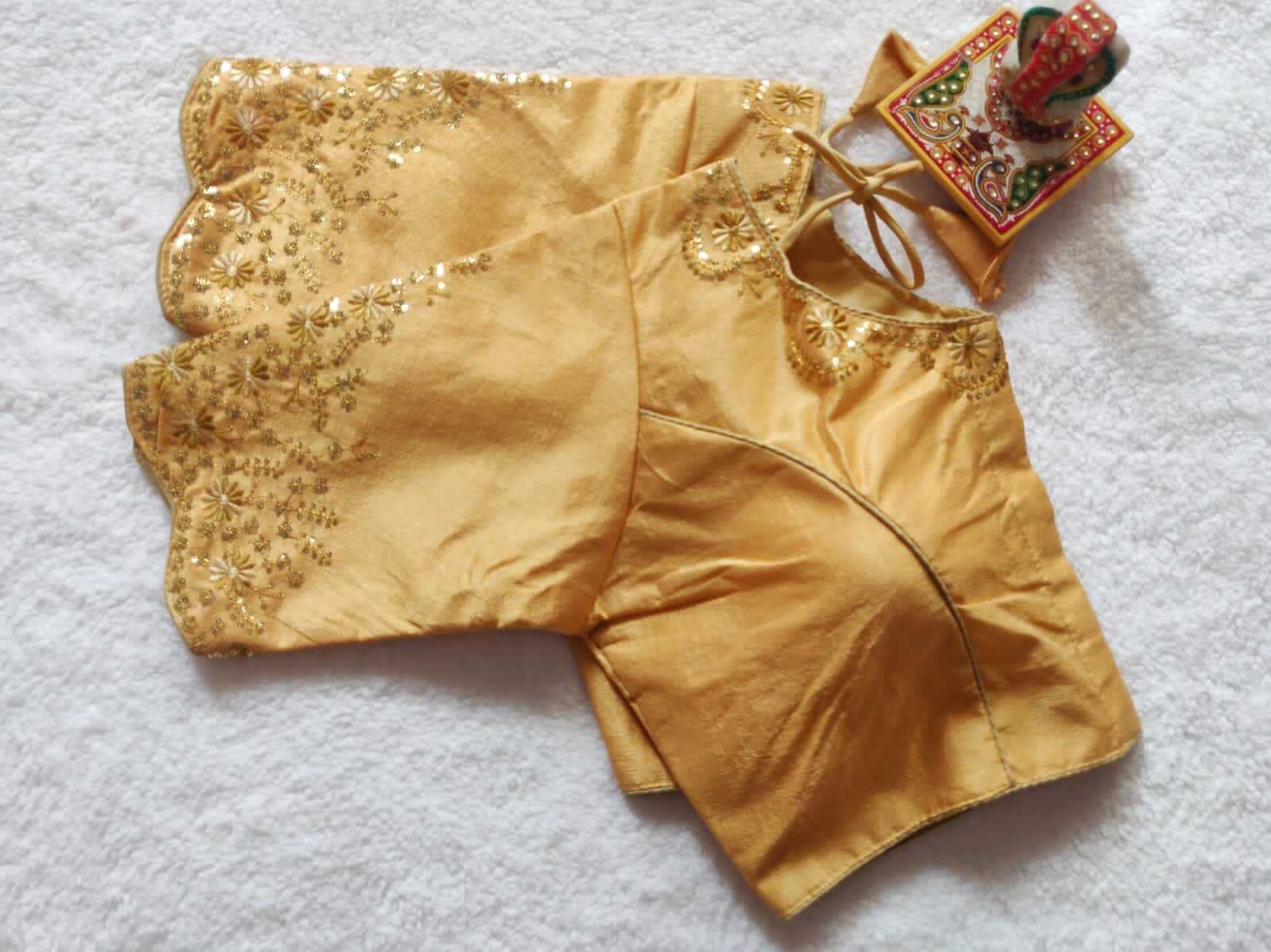 Pujia Mills Women's Silk Embroidery Sequence Work Half Sleeve Readymade Blouse (Gold, 38)