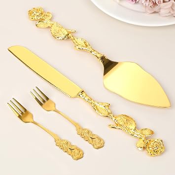 Gold Rose Cake Knife and Server Set 4 Piece with Forks, Wedding Cake Cutting Set, Elegant Gift for Bridal Shower Anniversary Birthday Party.