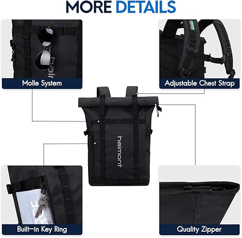 Miniatura 4 de Haimont Mochila enrollable para hombres y mujeres, resistente al agua, mochila de viaje casual con compartimento para laptop, 20L, Negro -, Mochilas
