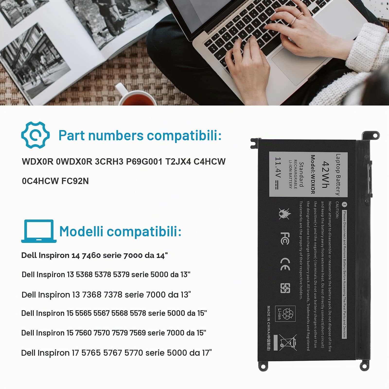 ASUNCELL WDXOR Batteria per PC portatile per Dell Inspiron 14 5000 5480 5488, Dell Inspiron 15 5000 5565 5567 5570, Latitude 3480 3580, Vostro 14 5000 5471, Vostro 15 5000 5568, 42Wh, 11,4V