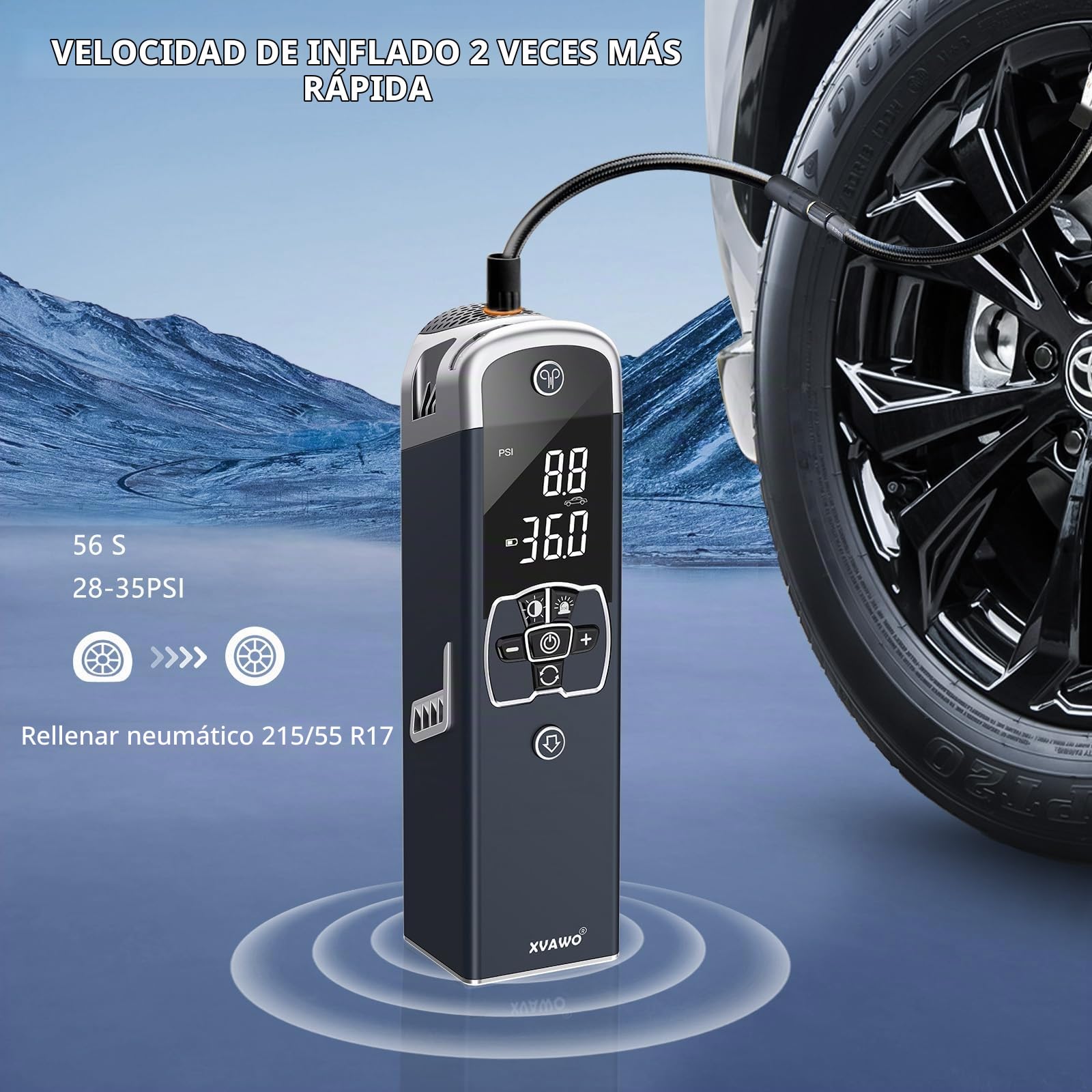 Compressor Aire Portátil Inflador: Mini Inflador Ruedas Coche Eléctrico con Pantalla Doble LED de 150PSI para Autos Bicicletas y Motos