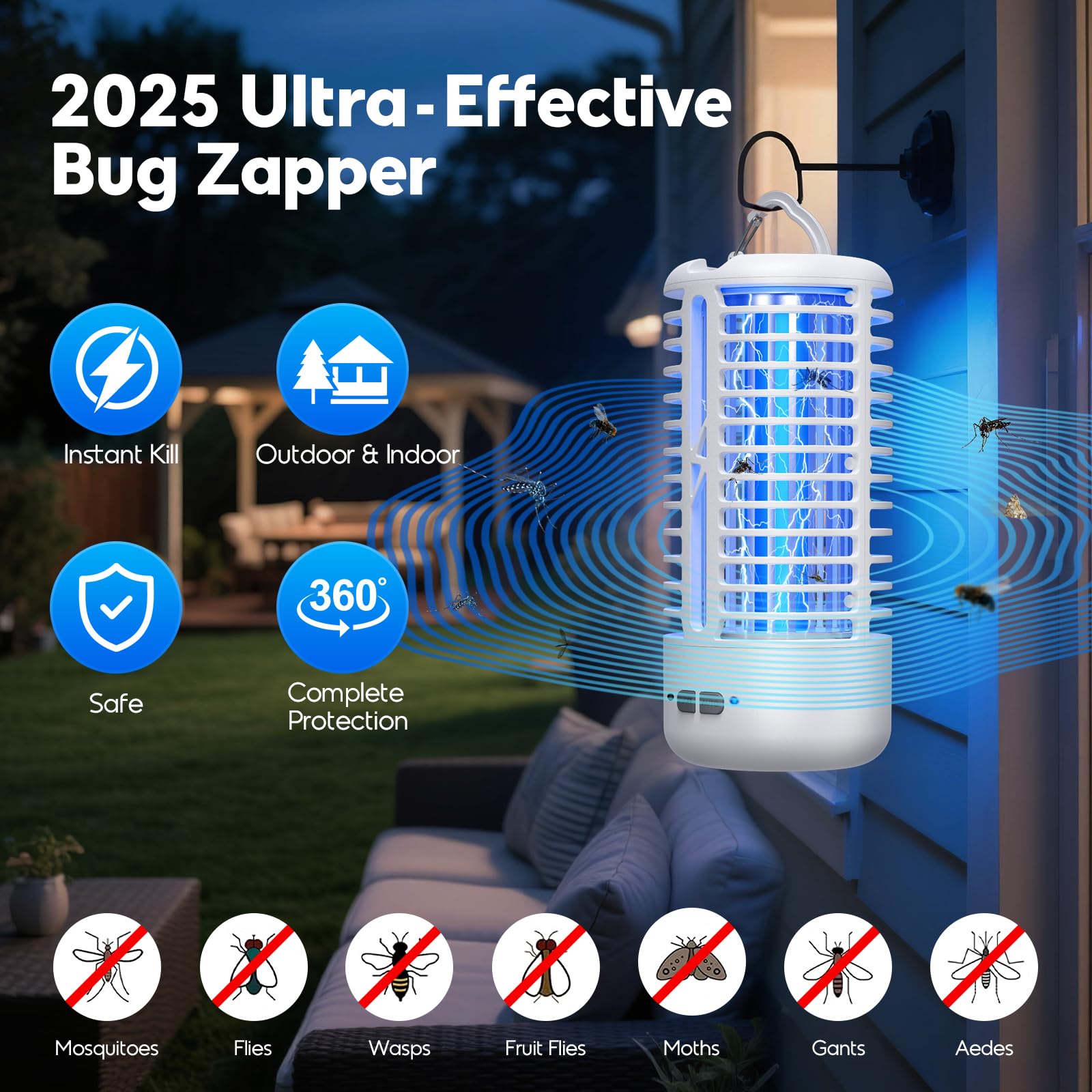 Mückenlampe, Mückenschutz, Anti Mücken Lampe, Insektenvernichter Elektrisch, Wiederaufladbare LED-Lampe, 3000V UV Elektrische Fliegenfalle, IPX4 Wasserdichter für Innen & Außen (Weiß)