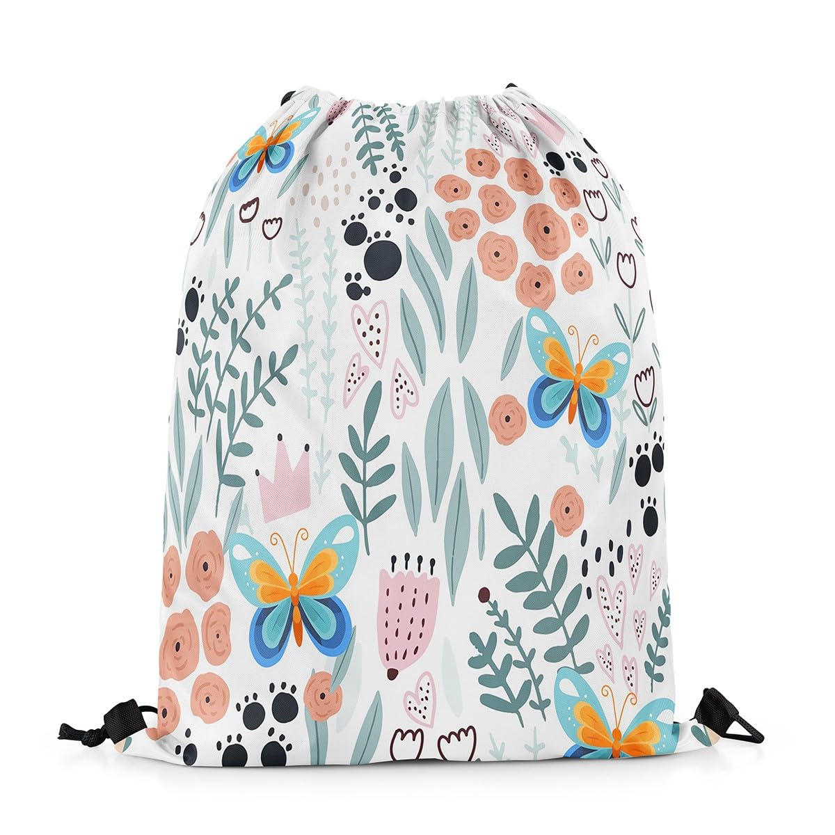 Homewish Butterfly Drawstring Backpack 33 x 40 cm,Cartoon Wild Animal Drawstring Bags,Garden Leaf Floral Spring Summer Draw String Back Bag,Lovely Paw Love Heart Print String Backpack
