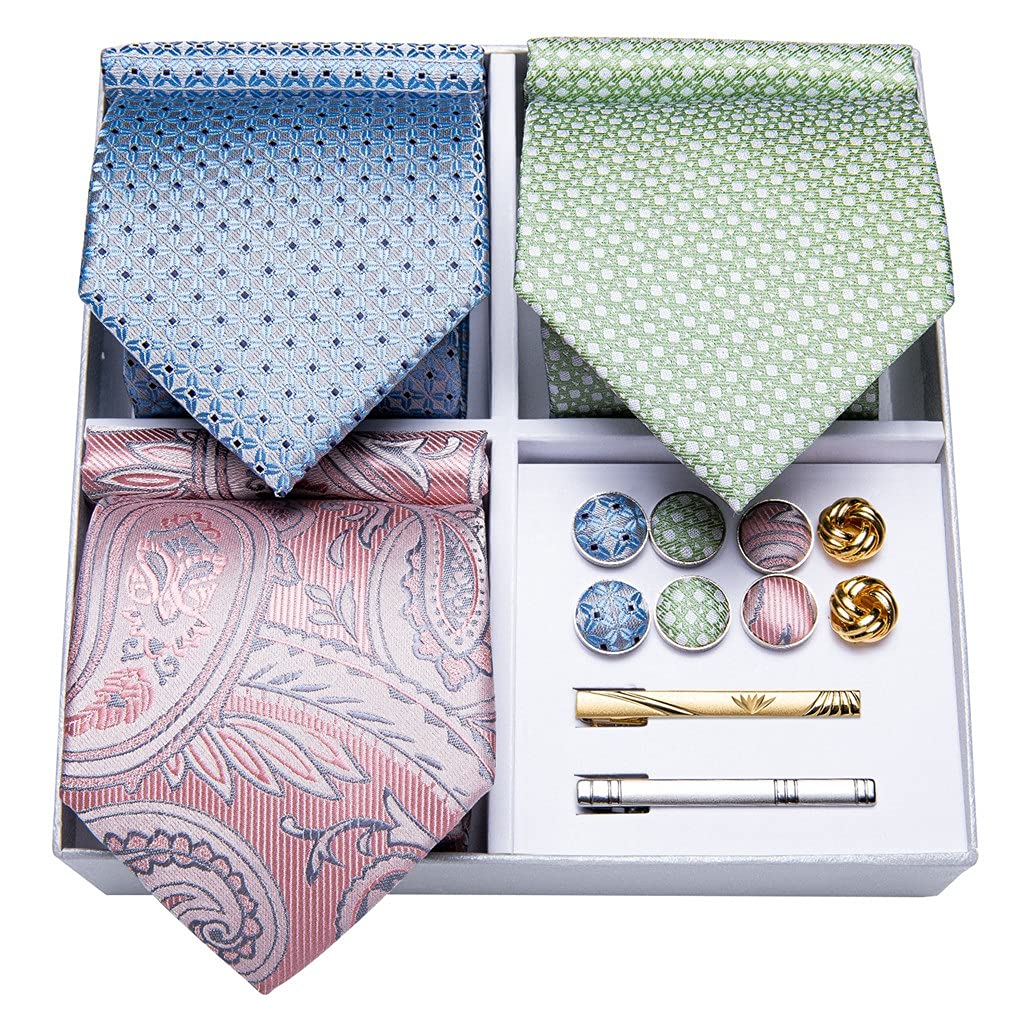 3er-Pack Herren-Krawatten-Set, Geschenkset für Männer, Blau, Grün, Rosa, Seide, Business-Hochzeits-Krawatte, Hanky-Manschettenknöpfe (Color : Blue Green Pink, Size : One Size)