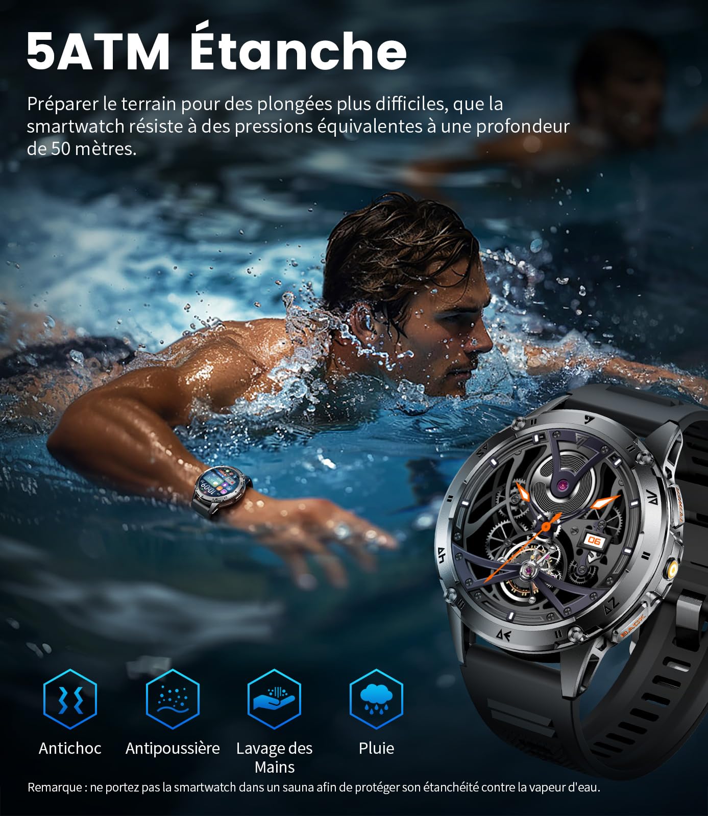 Montre Connectée Homme avec Appels Bluetooth, 1.43'' HD Amoled Écran Smartwatch Homme avec Fréquence Cardiaque, Sommeil, SpO2,110+ Modes Sportifs, IP68 Étanche Android iOS