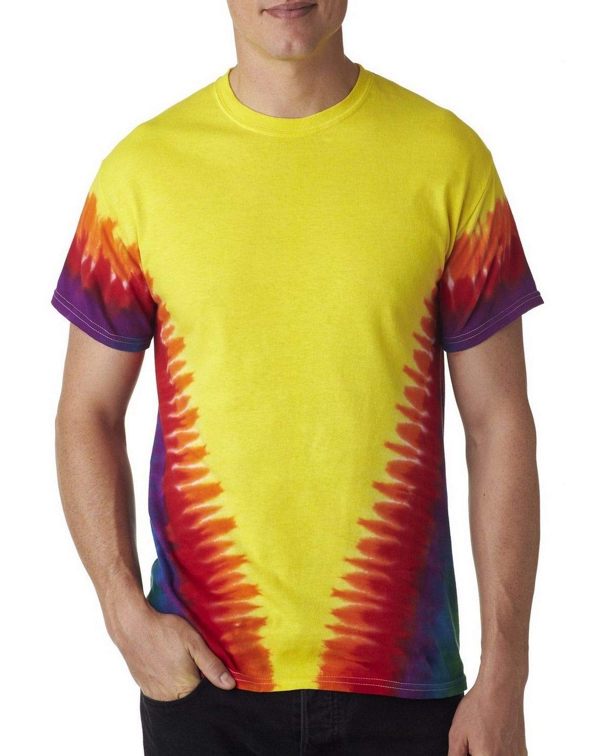 tie dye H1140 Adult Tie-Dyed Flourescent Swirl and Vee Rainbow Cotton Tee
