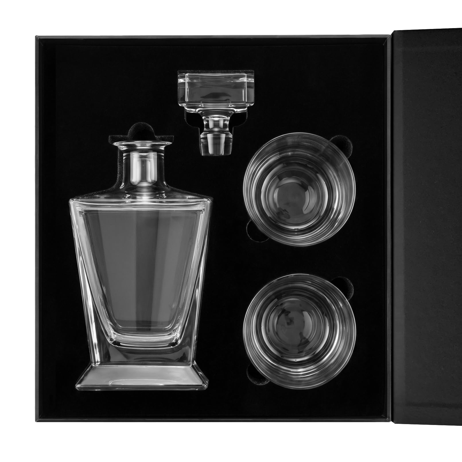 Glasmark Krosno 1992 Caraffa con Bicchieri 3 pezzi per Whisky e Distillati - Caraffa in Vetro 850 ml e 2 Bicchieri 300 ml - in Scatola Regalo Nera - Forma Moderna e Pulita