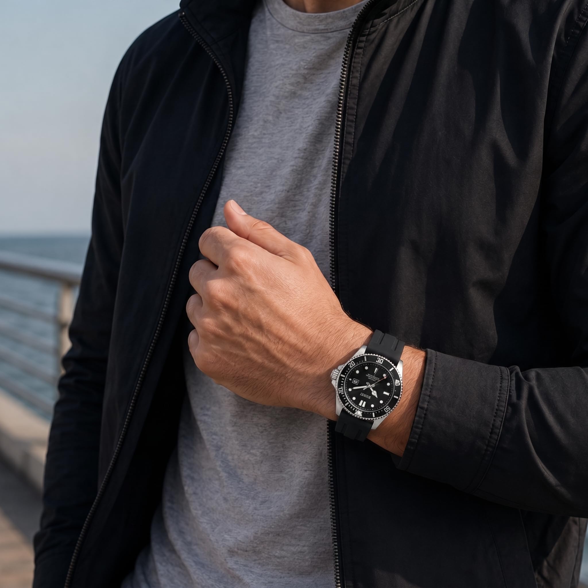 BUREI - Reloj de Buceo para Hombre, Resistente al Agua hasta 200 m, Cuarzo analógico, de Acero Inoxidable, de Moda, clásico, para Trabajo y Negocios, con Fecha automática