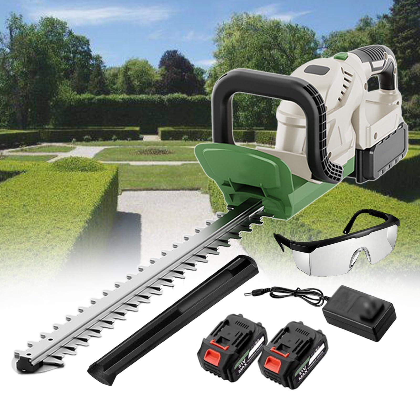 Cortasetos inalámbrico de jardín de 200 W, 2 baterías, 60 Minutos de autonomía, Cuchilla de Doble Filo de 51 cm, Cortador eléctrico de Mano para arbustos y Matorrales, Mango de Agarre Suave.