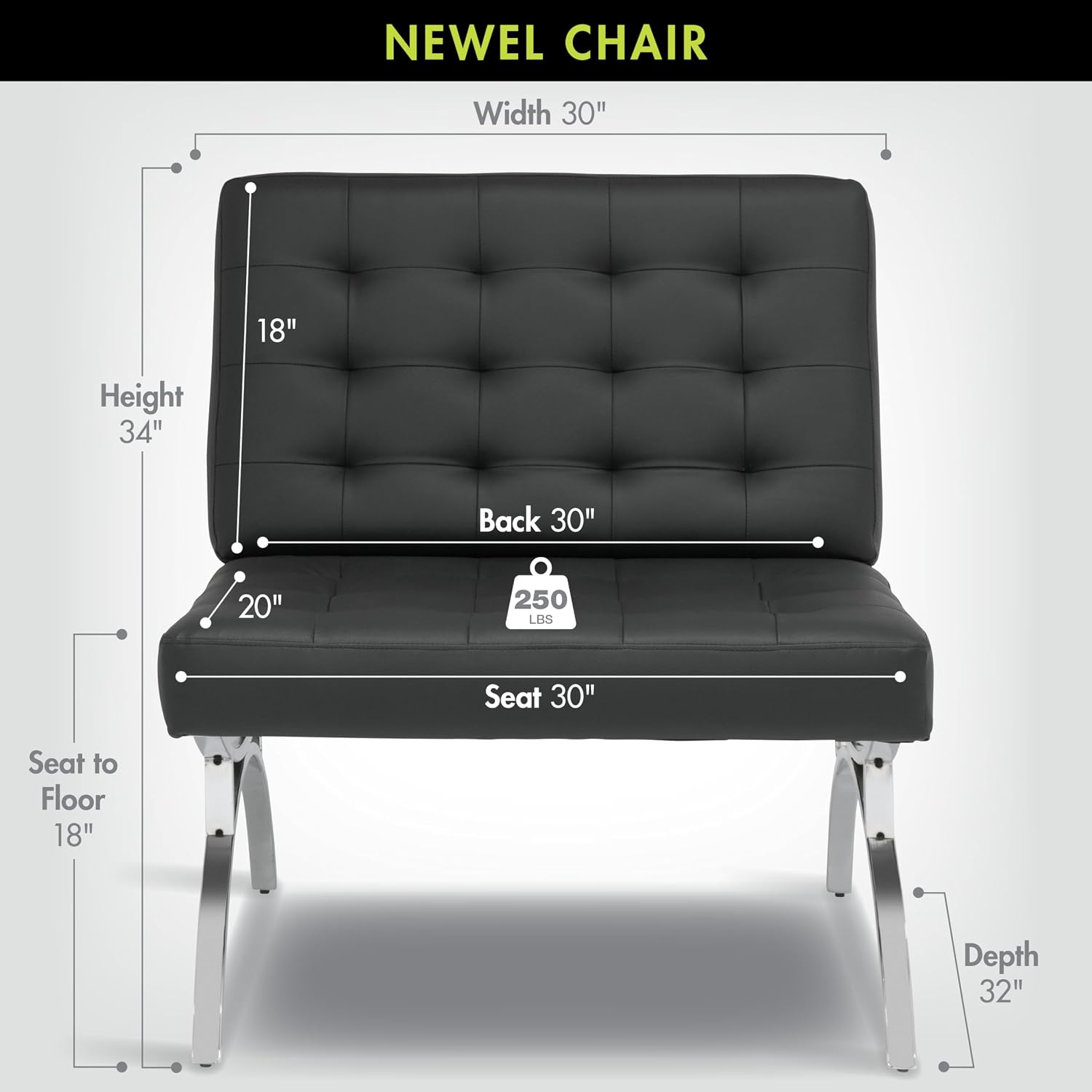 Newel Modern Accent Chair in Blended Leather, Chrome/Black