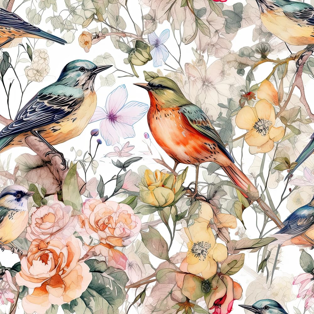 Redamancy Multicolor Watercolor Colorful Boho Peony Birds Peel And Stick Wallpaper Vintage Wall Paper Stick On Contact Paper Easy Peel Off For Nightstand Drawer Renter Friendly 17.7"X236"