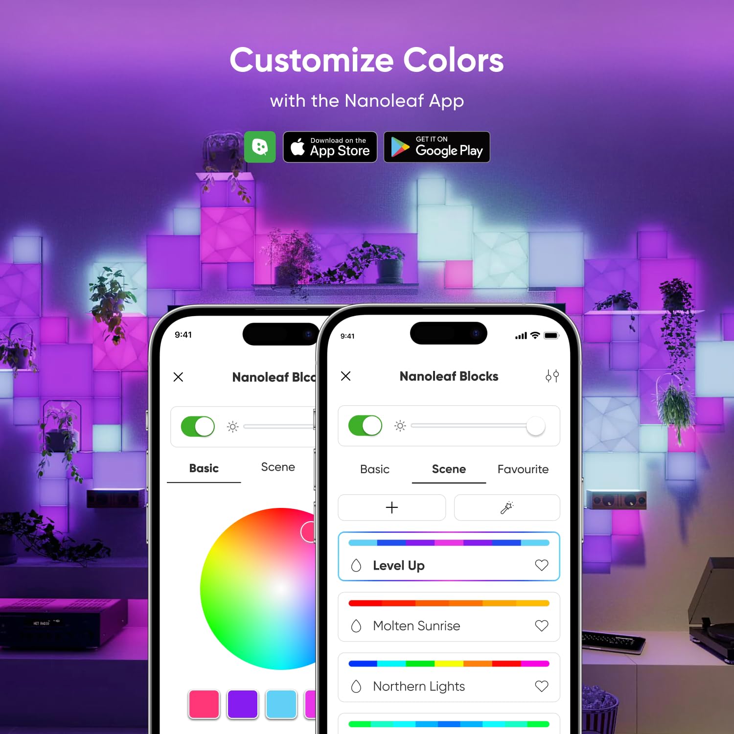 Nanoleaf Blocks LED Lights, Smart Light Panels Square WiFi LED Wall Lights with Music Sync, Wall Decor Lights Smart Kit Compatible with Alexa, RGBW, Light Panels for Gaming Room (9 Panels + 1 Shelf)