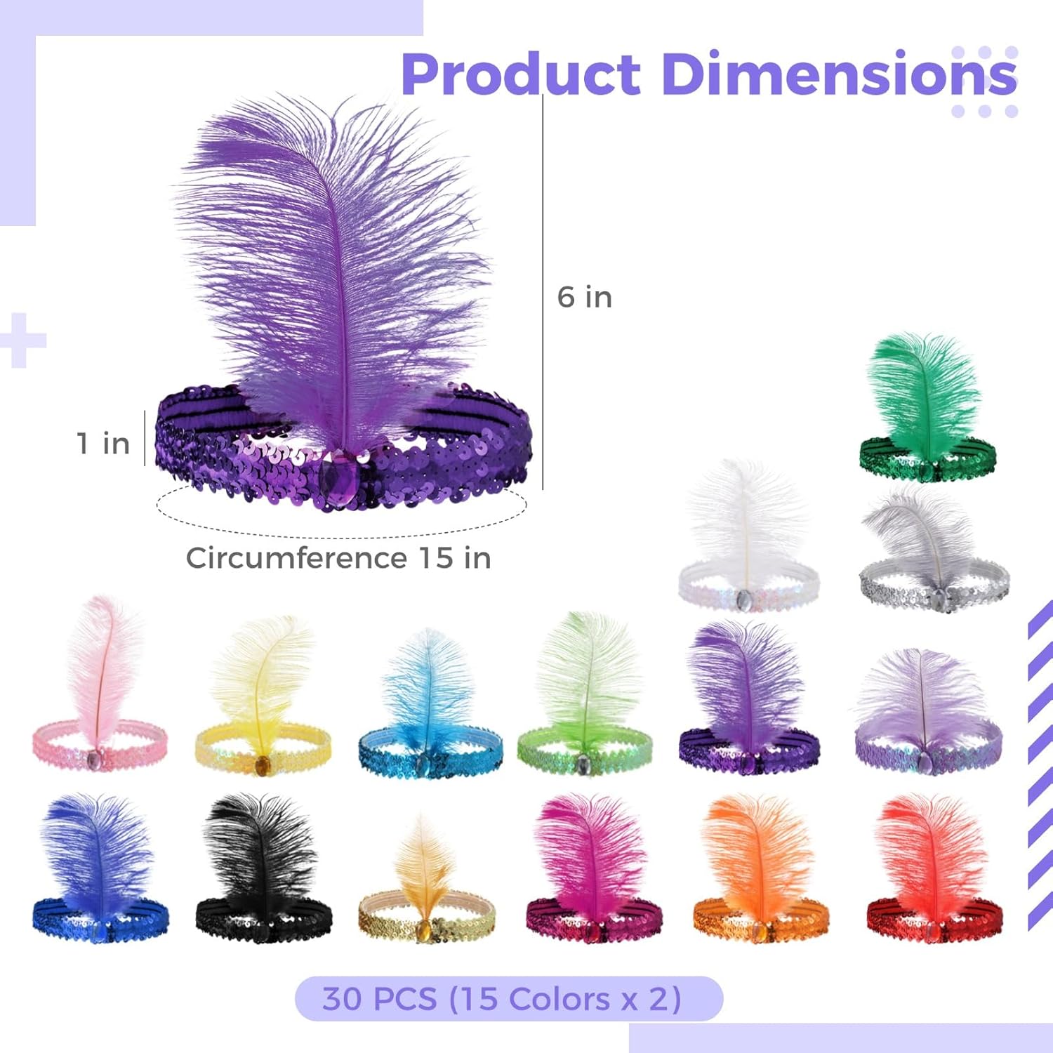 30 Count 1920S Flapper Headbands, Dazzling Sequin Feather Hair Band For Women, 15 Color Vintage Rhinestone Pieces For Themed Events, Retro Parties