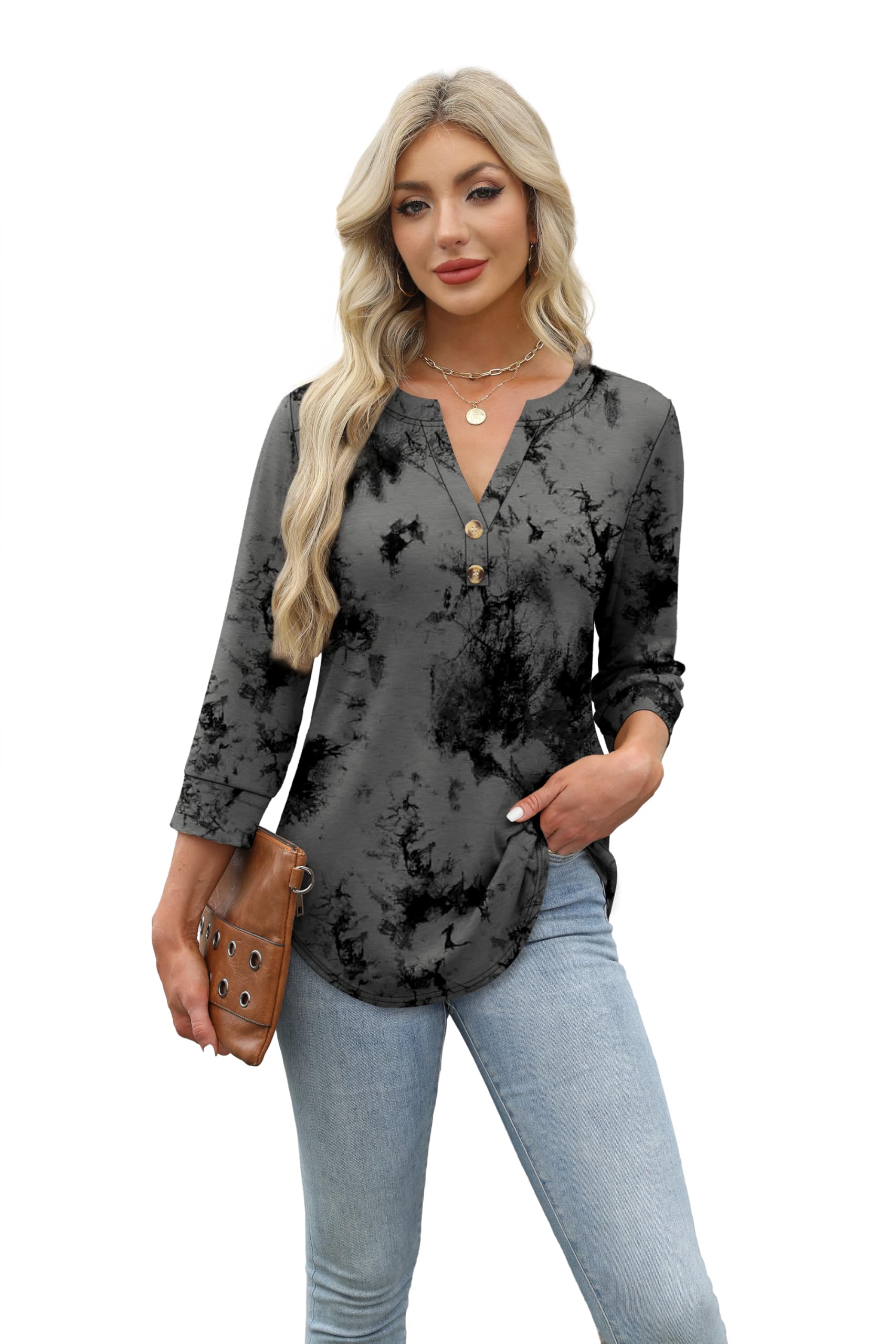 Aokosor Womens 3/4 Sleeve Tops Ladies Blouse V Neck Tunic Long Sleeve T Shirts Curved Hem Office Wear — view 2