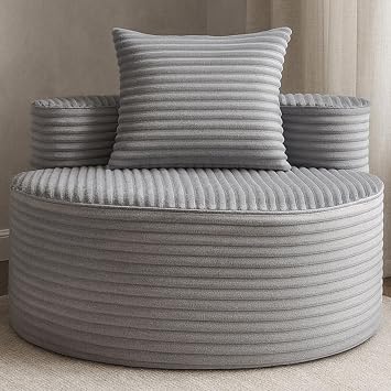 45" Oversized Round Chair, Boneless Reading Chair with Comfy Pillow for Living Room, Circle Cloud Chair for Adults,Corduroy, Memory Foam, Large Seat, No Assembly Required Grey