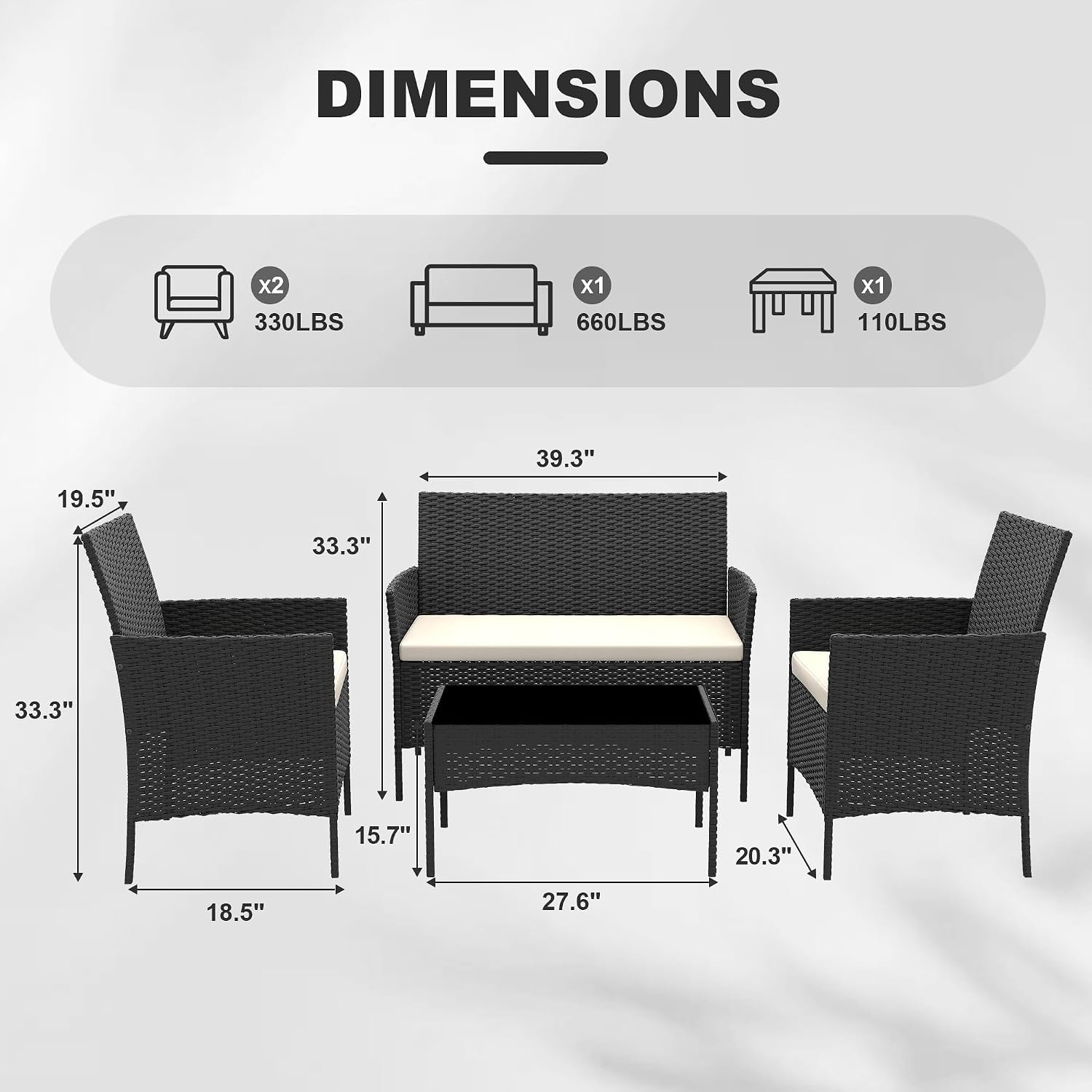 GarveeTech 4 Pieces Patio Furniture Set, Rattan Patio Conversation Set with Coffee Table, Outdoor Furniture Set for Garden, Porch, Lawn & Balcony（Black & Beige）