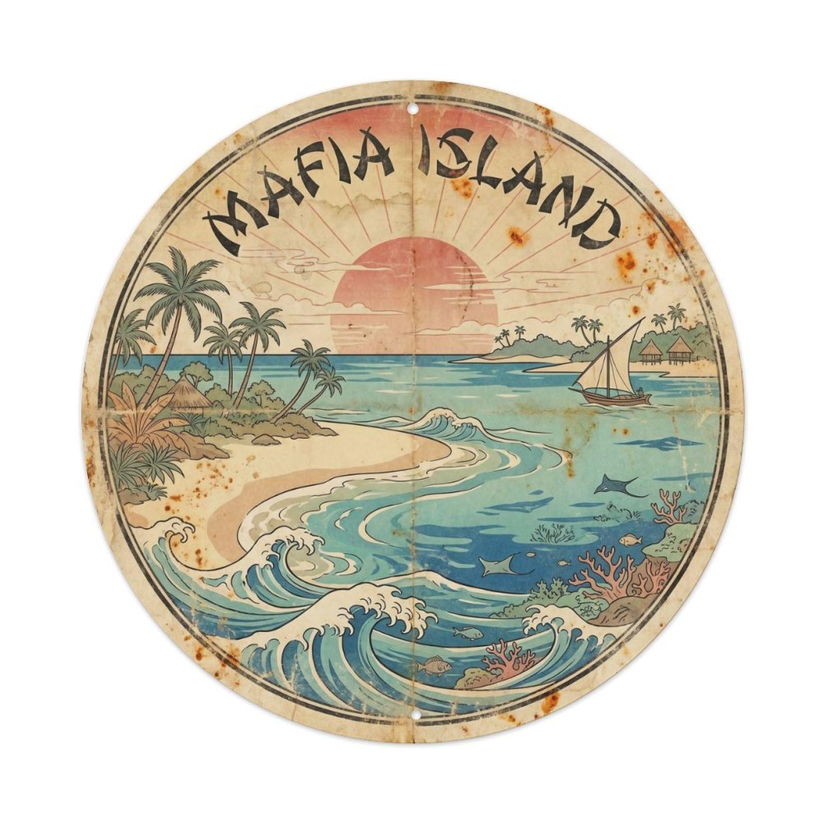 Mafia Island Paradise Woodblock Destination Metal Tin Sign