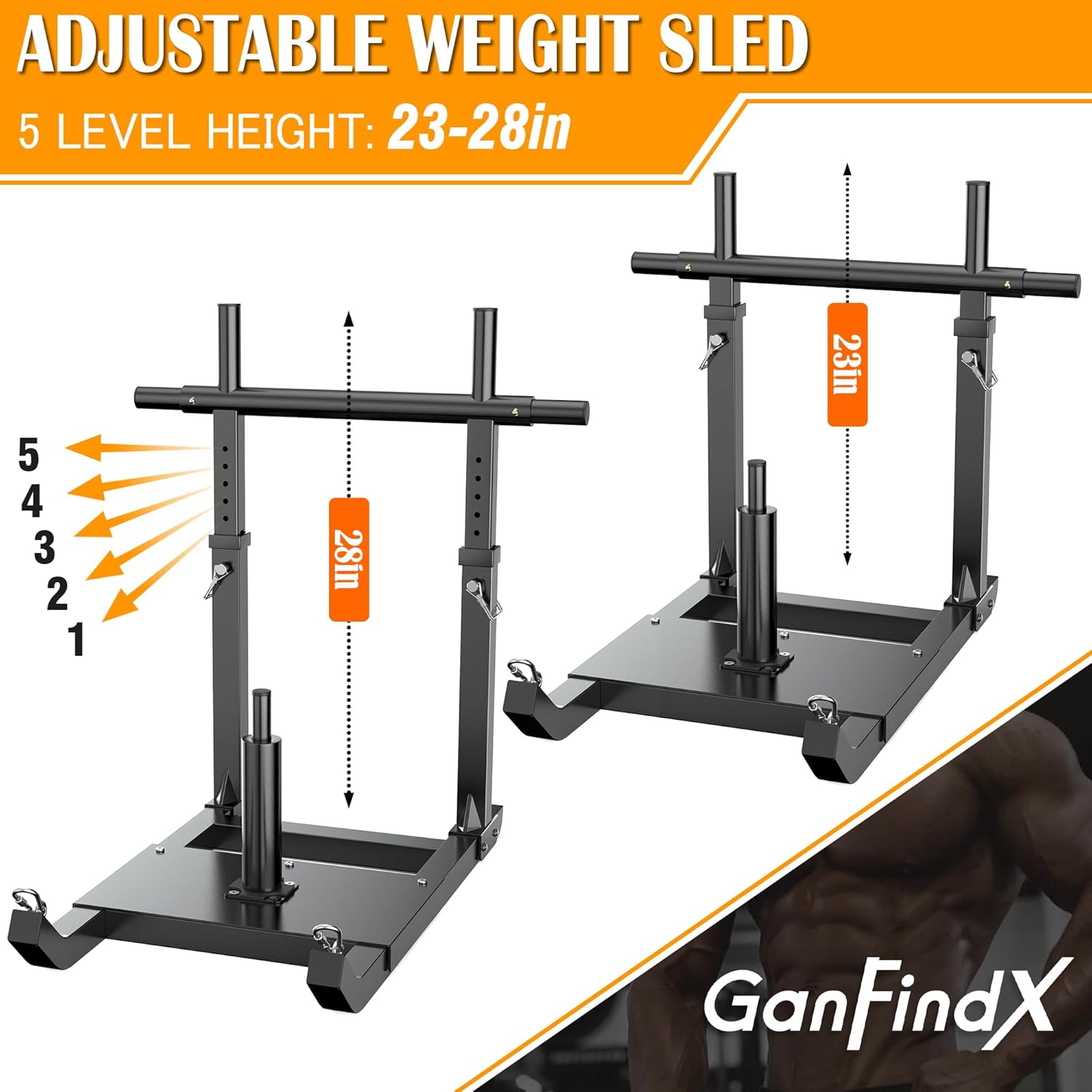 GanFindX Adjustable Weight Sled for Push & Pull Training, Heavy-Duty Fitness Sled with 5 Adjustable Handles, Improves Speed and Strength, Fits 1" & 2" Weight Plates