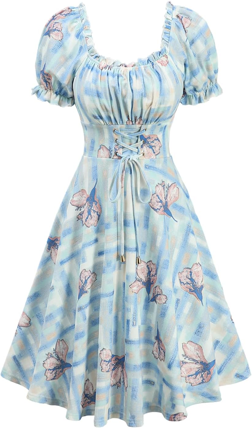 DRESSFO Women Flower Plaid Dress Puff Sleeve Square Neck Lace Up A-Line Ruffles Casual Mini Dress