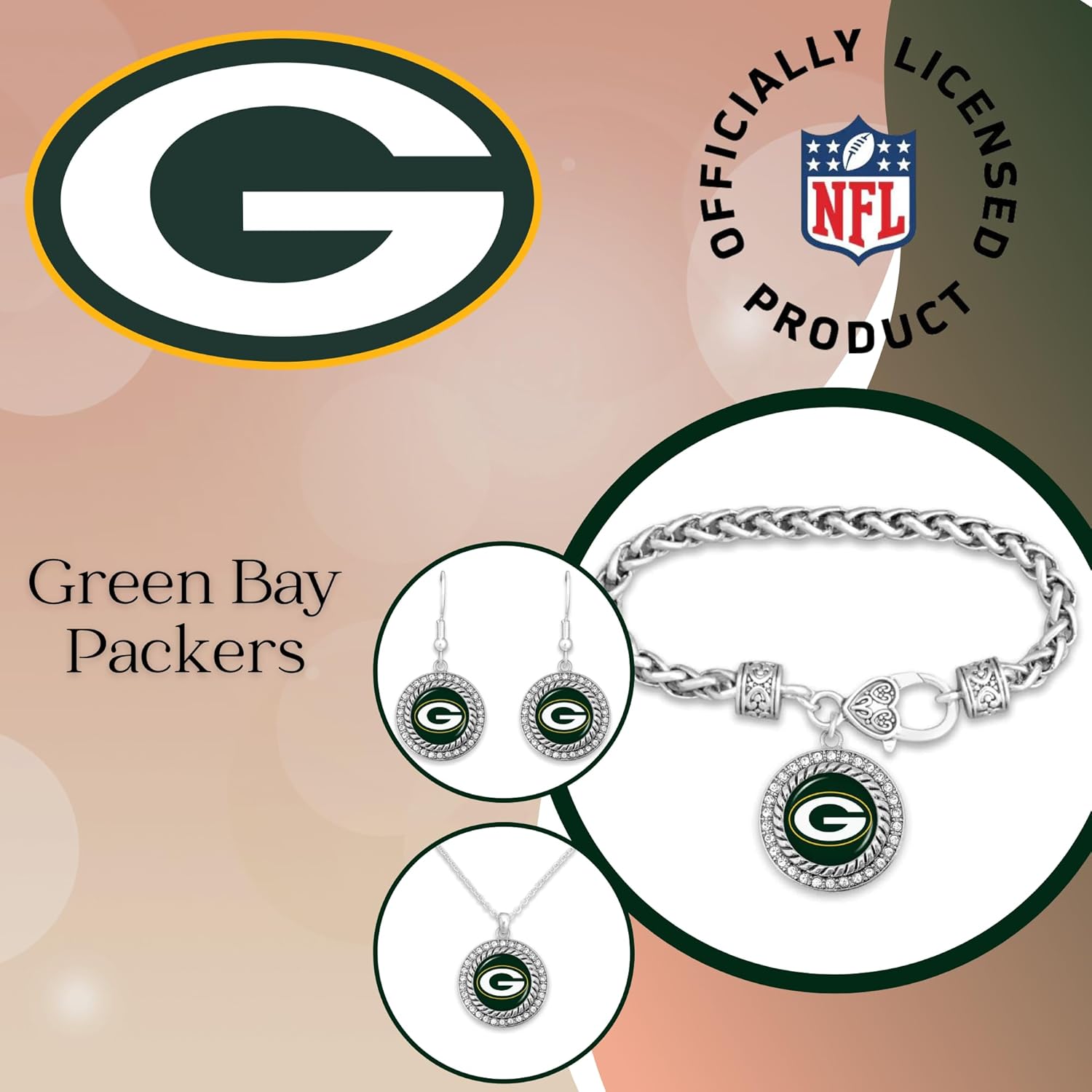 Mojo Licensing 3 Piece Jewelry Set - Necklace, Bracelet, and Earrings Collection - Emblem Pendant with Bling Rhinestones - Ideal NFL Logo Gift Set for Women, Girlfriend, BFF