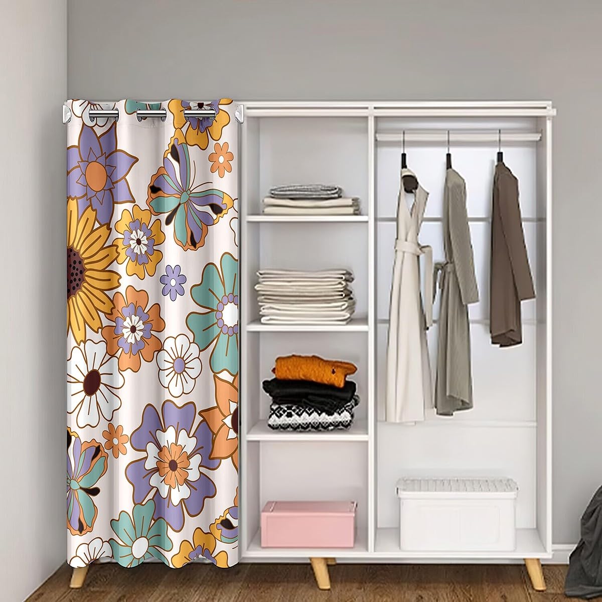 Homemissing Retro Flower Door Curtain for Privacy 106x203cm Butterfly Closet Door Cover Curtain for Bedroom 60S 70S Groovy Floral Blossom Butterflies Print Room Divider Curtain Green Window Treatment - Image 2