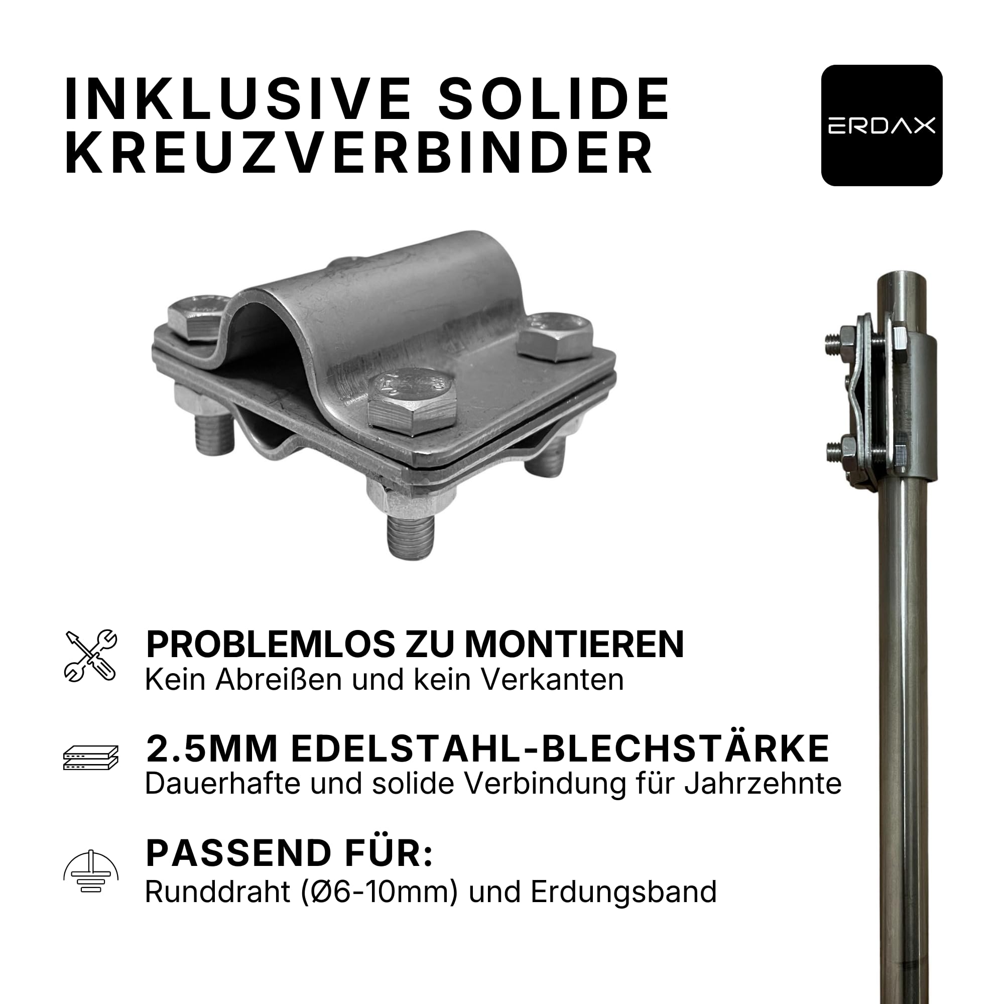 Tiefenerder V4A Set 3x 1,5m - Erdungsstangen 20mm Durchmesser aus Edelstahl + Kreuzerder Klemme - Erdungsstab für Erdungskabel PV Anlage Staberder Erdungsspiess 1,5m Erdung Komplettset