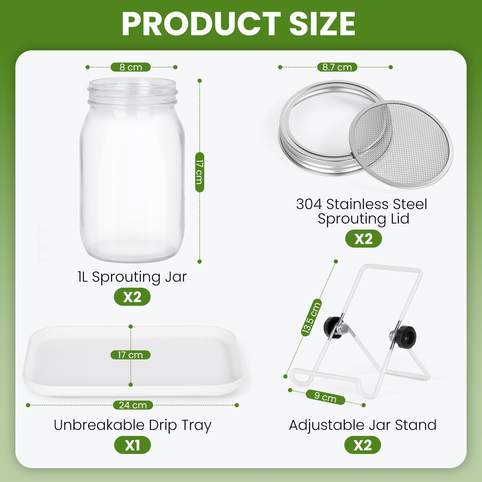 Germoir pour Graines à Germer en Verre, 2 x 1000ml Bocal de Germination avec Couvercle en Acier Inoxydable, Support Réglable et Plateau Blanc, pour Lentilles, Alfalfa, Haricots Mungo