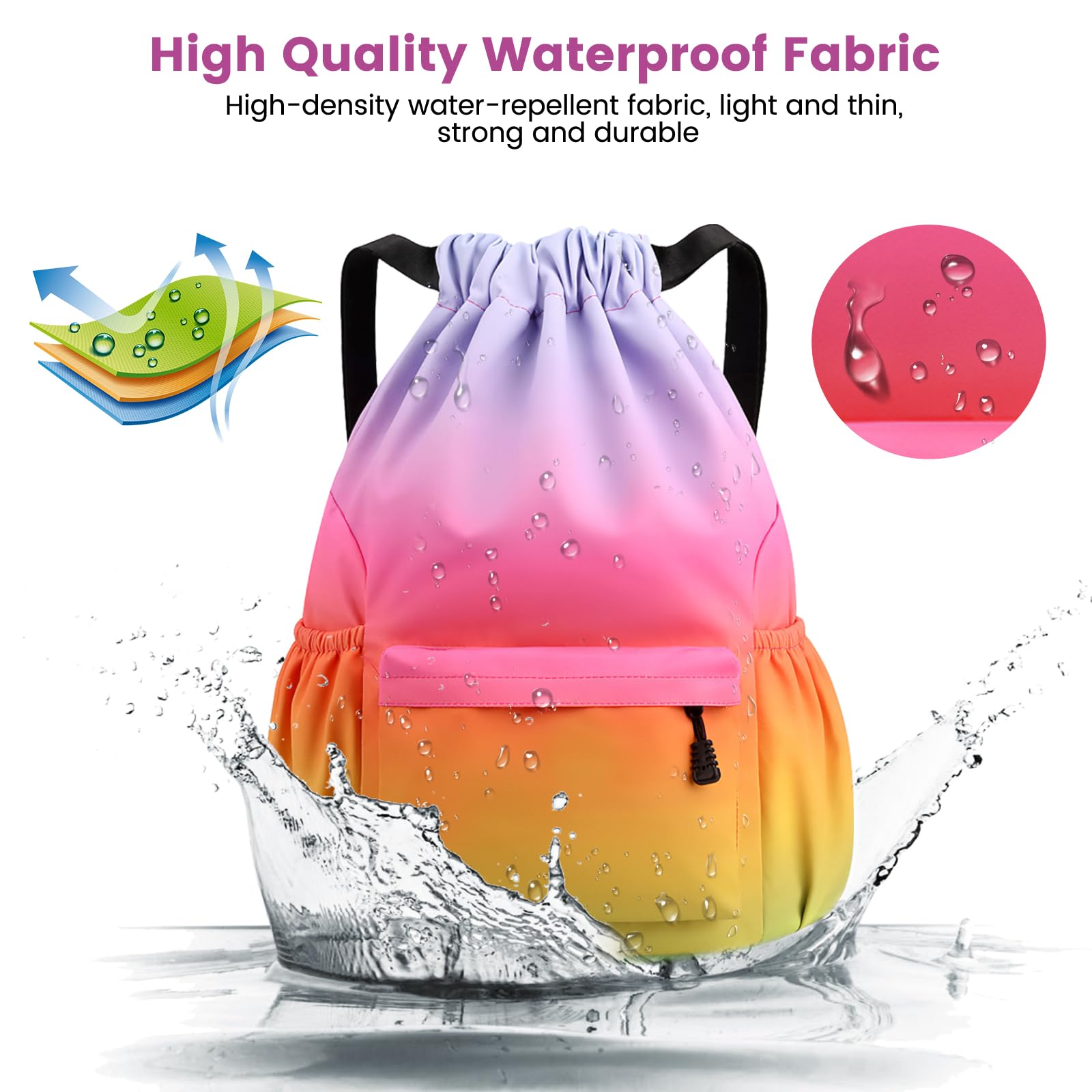 Sac à Dos à Cordon, Imperméable Large Bandoulière Sacs de Sport à Cordon Sac de Gym Avec Poche Intérieure Et Poche De Sécurité avec Poche Avant Et Arrière Zippée, Dégradé Couleurs