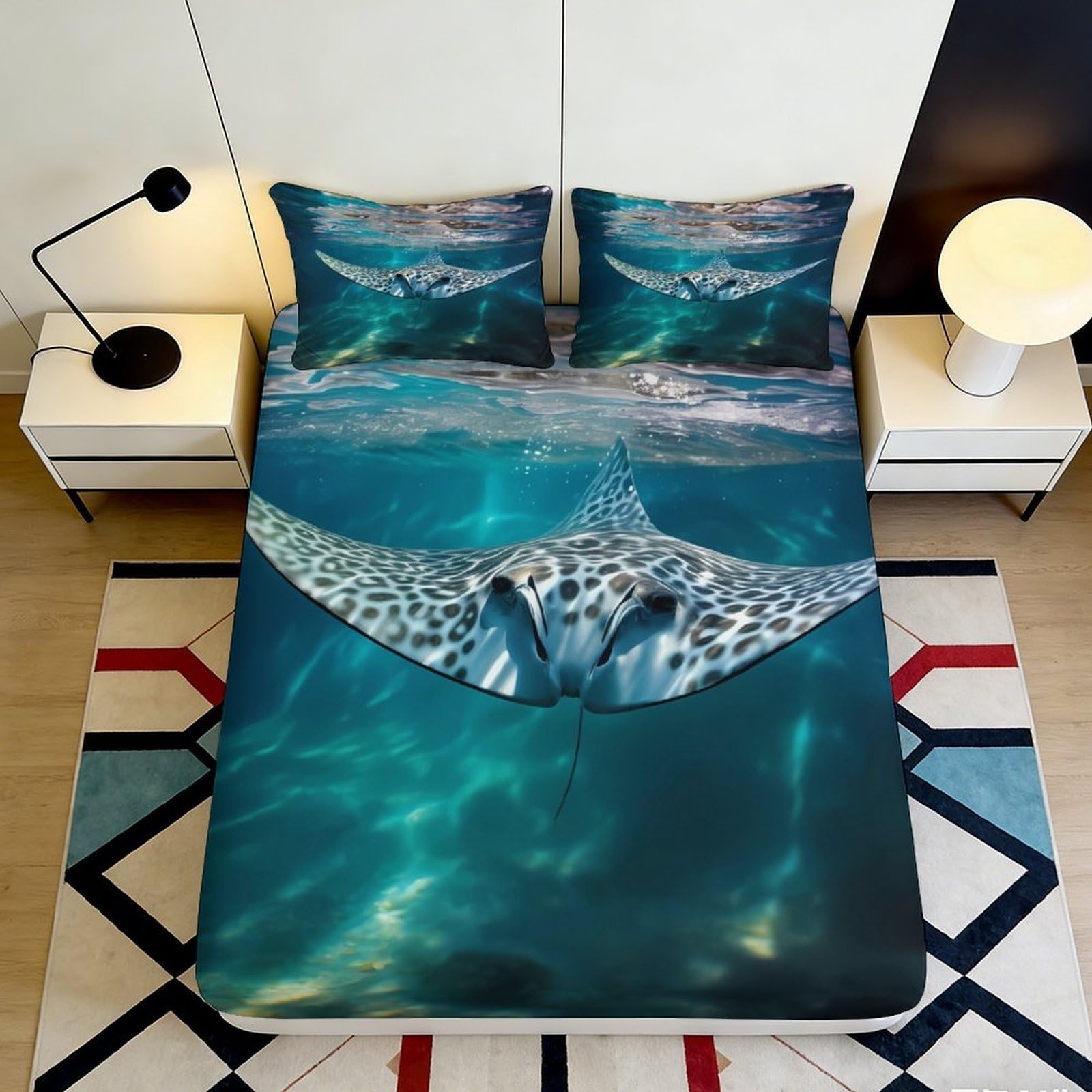 Ocean Decor Fitted Sheet 3D Printed Manta Ray Bed Cover Microfiber Soft Touch, Wrinkle Resistant, Home Bedroom Apartment Bedding, Easy Care, Blue 90x200x25cm