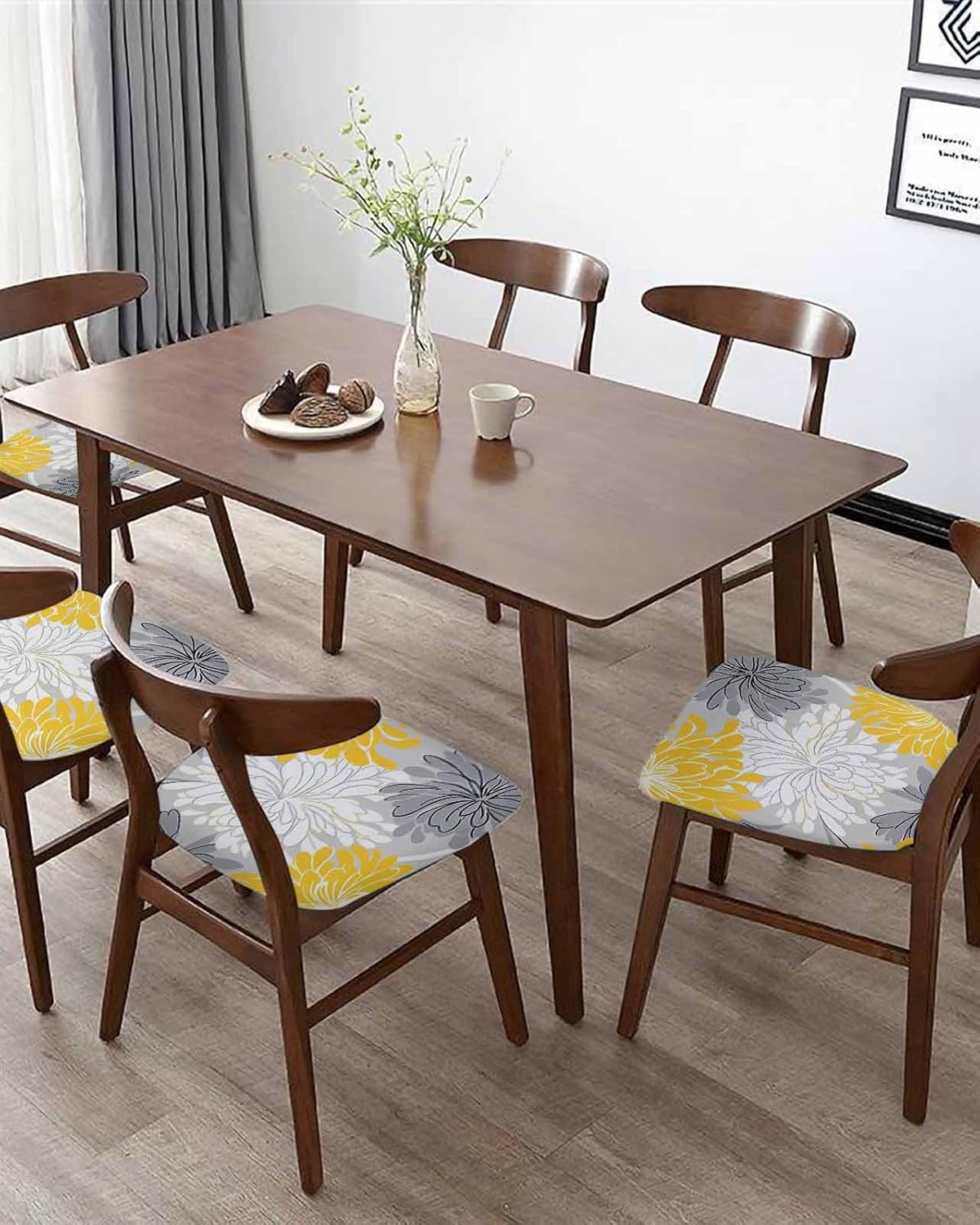 Dining Room Chair Seat Cover Abstract Flowers on Gray Stretch Removable Chair Cushion Protector Washable Slipcovers for Home Kitchen Hotel Wedding Party Decor Watercolor Yellow White Flowers 4PCS