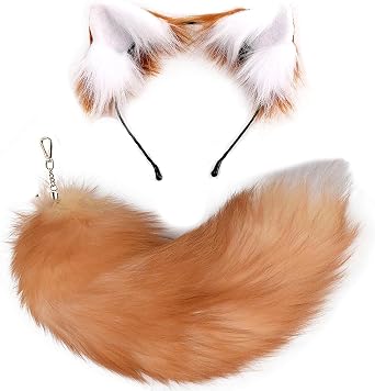 YXCFEWD Cat Wolf Fox Ears and Tail Set for Kids Fluffy Fox Tail Cosplay Party Wolf Costume Fox Tail Keychain Halloween