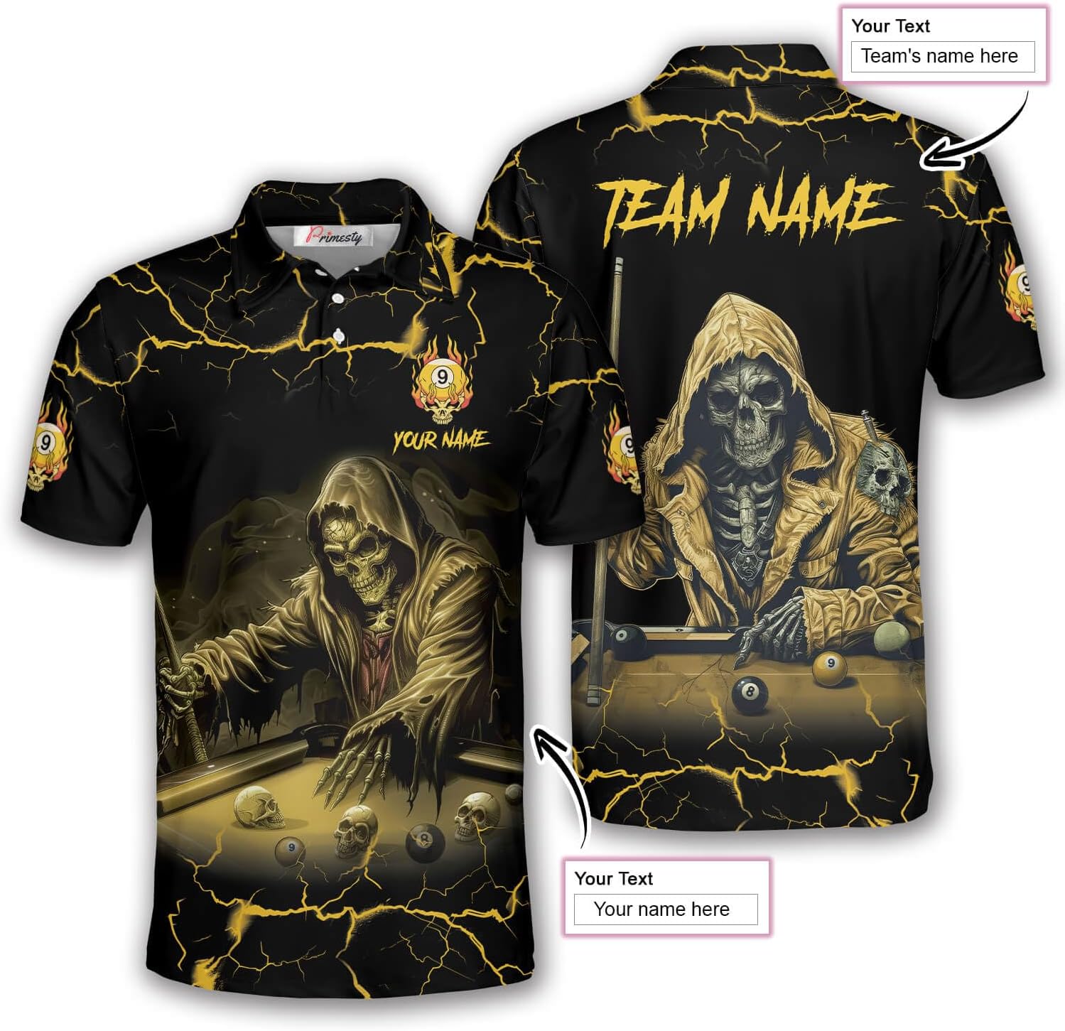 PRIMESTY Grim Reaper Billiard Shirts, Custom Skull Billiard Polo Shirts, Personalized 8-Ball 9-Ball Jerseys for Men Women