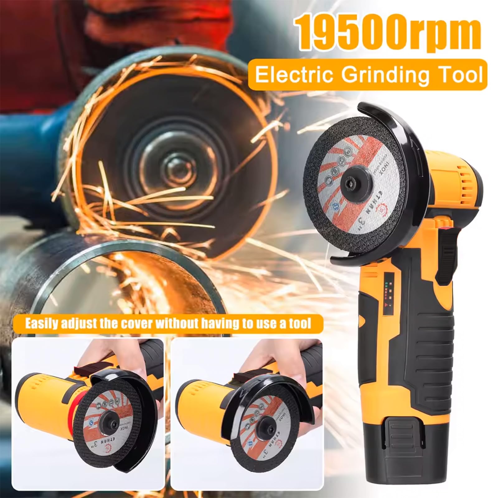 VOLTIX Smerigliatrice Angolare a Batteria 76mm, Mini Smerigliatrice Portatile con 2 Batterie Ricaricabili, Velocità 19500RPM, 2 Dischi Inclusi – Ideale per Taglio e Levigatura