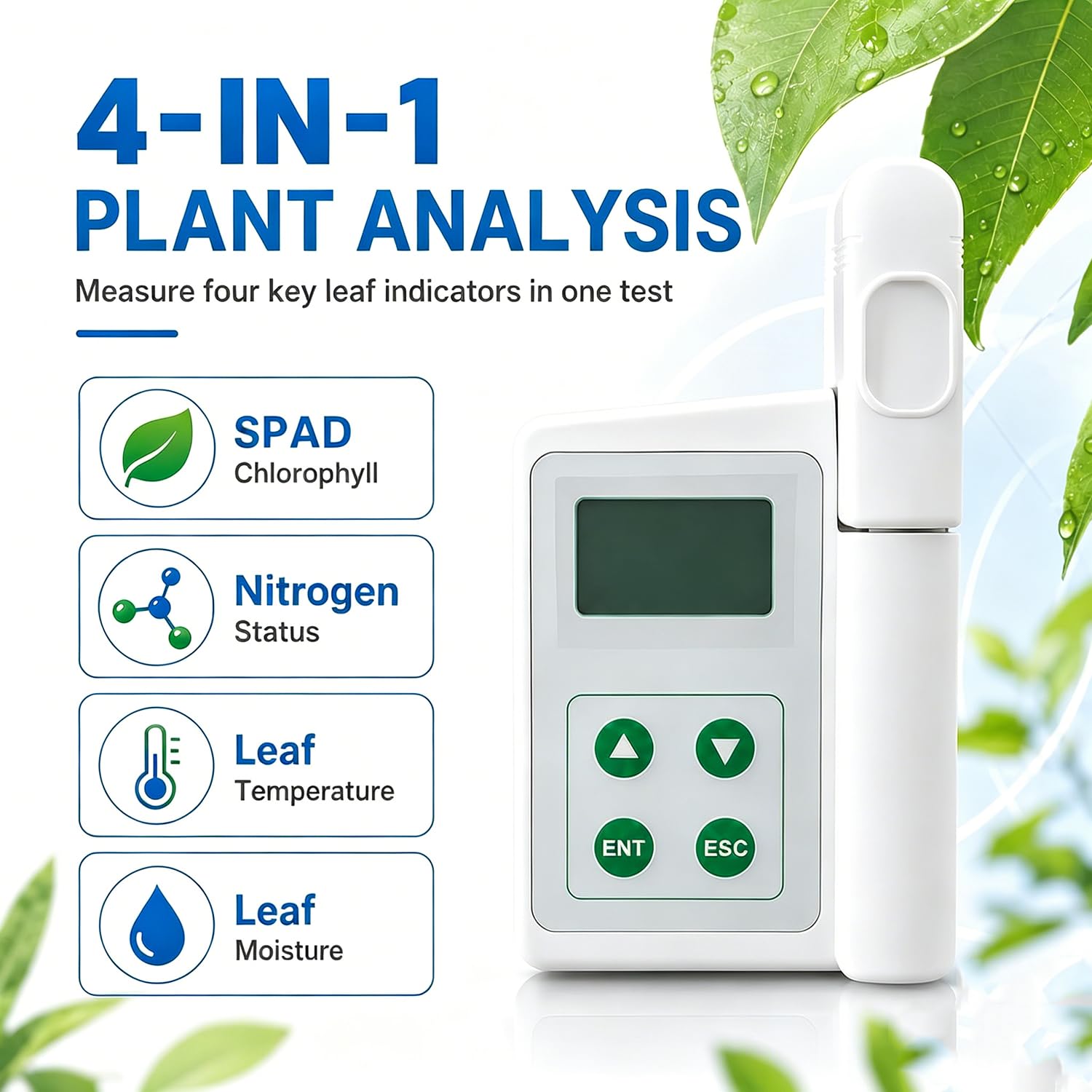 Medidor 4-en-1 Clorofila Nitrógeno Humedad Hoja Recargable | Medidor 4 En 1 Que Analiza Clorofila, Nitrógeno, Temperatura Y Humedad Foliar Para Una Fertilización Precisa.