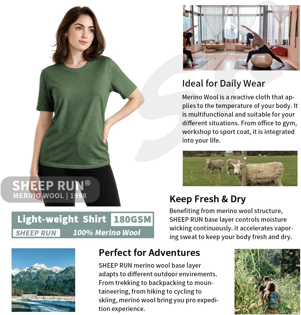 SHEEP RUN 100% Merino Wool T Shirt for Women Breathable Wicking Casual Travel Base Layer Shirt - Image 4